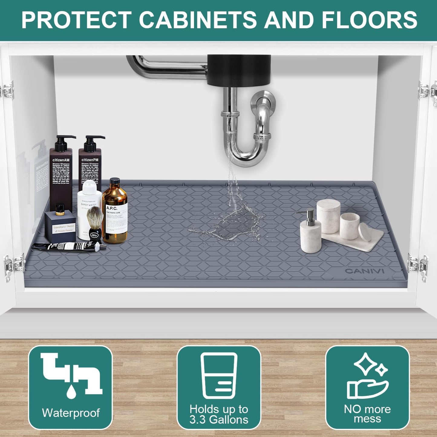 Under Sink Mat, 34" x 22" Waterproof Silicone Under Sink Tray for Kitchen & Laundry Cabinets