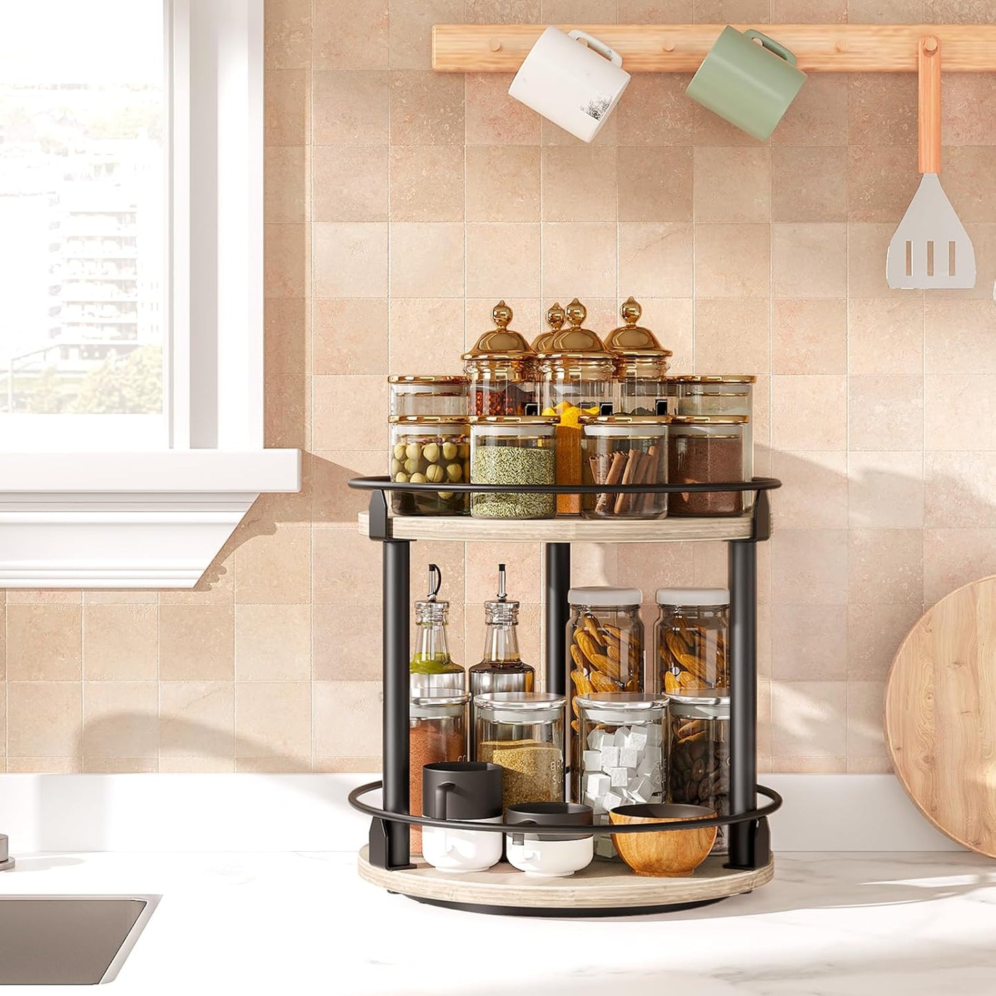 Lazy Susan Organizer, Rotating Spice Rack, 2 Tier Spice Turntable Organizer