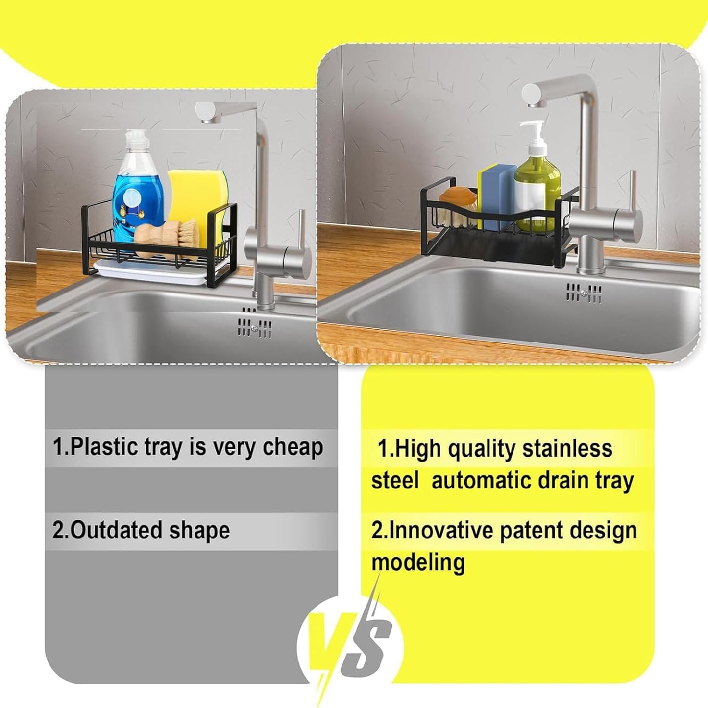 Stainless Steel Kitchen Sink Caddy Organizer with Auto Drain Tray