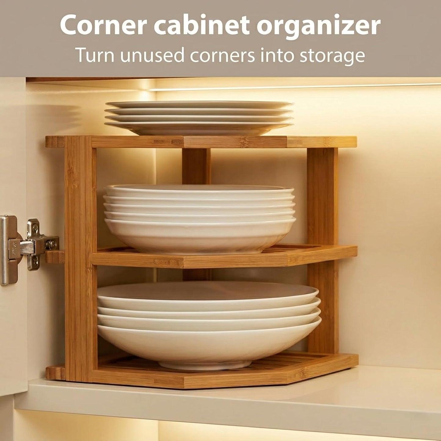 Plate Organizer for Cabinet - 3 Tier Bamboo Corner Shelf Cabinet Organizer for Plates, Bowls