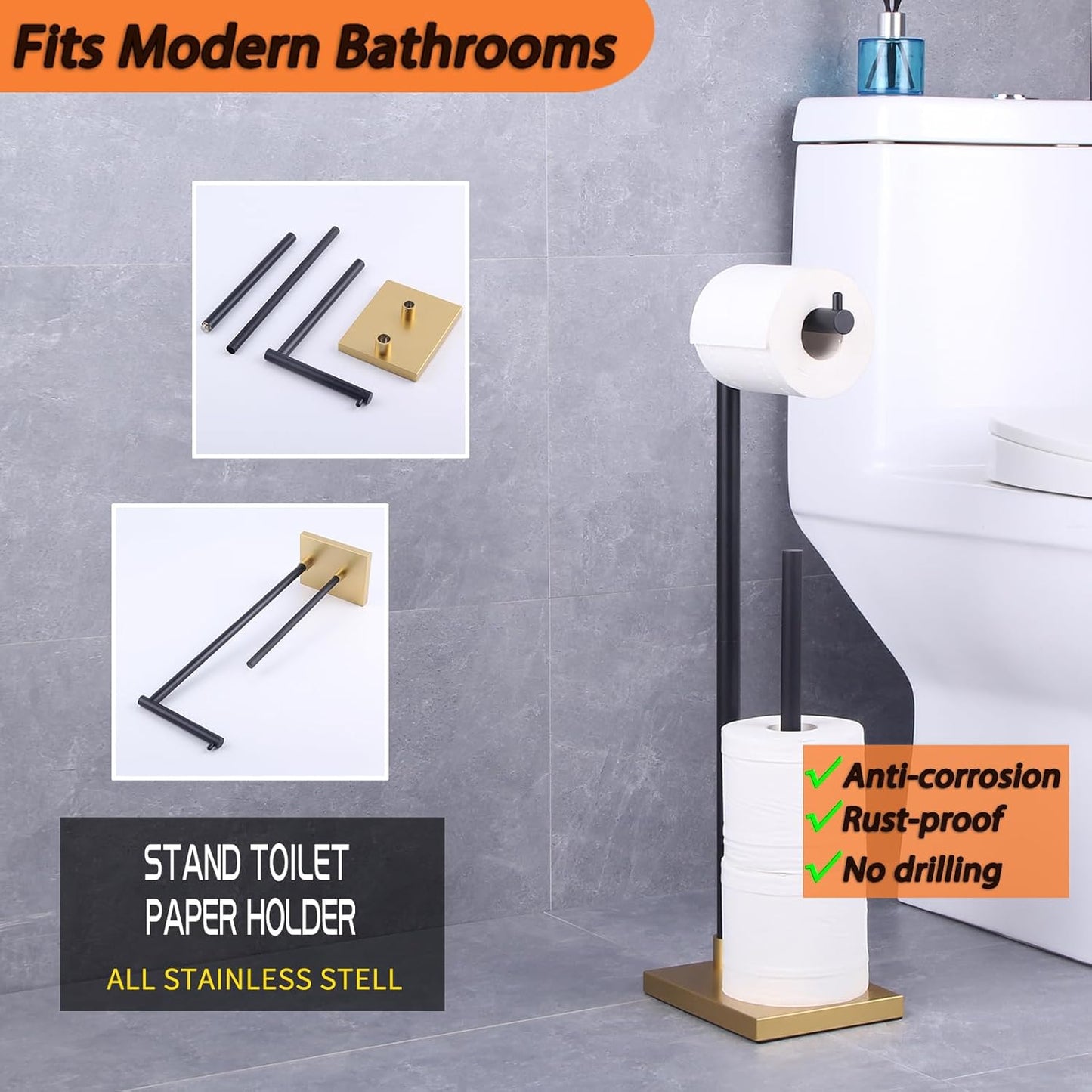 Bathroom Free Standing for Countertop Toilet Paper Holder SUS 304 Stainless Steel Stand Modern Paper Towel Holder (Black & Gold) DZY003-BD