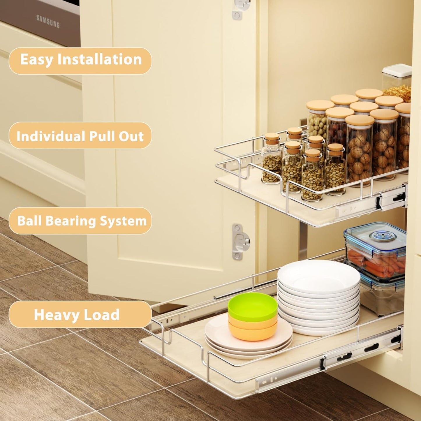 2 Tier Individual Pull Out Cabinet Organizer 10½"W x 21½"D, Slide Out Wood Shelves Organizers