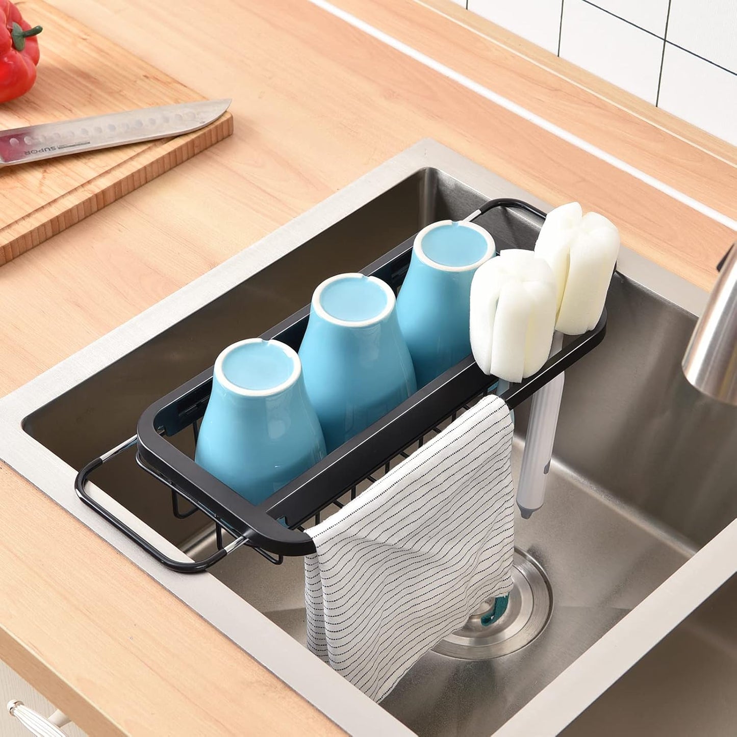 Expandable Sink Caddy with Dish Towel Bar, Adjustable Over-The-Sink Organizer for Kitchen