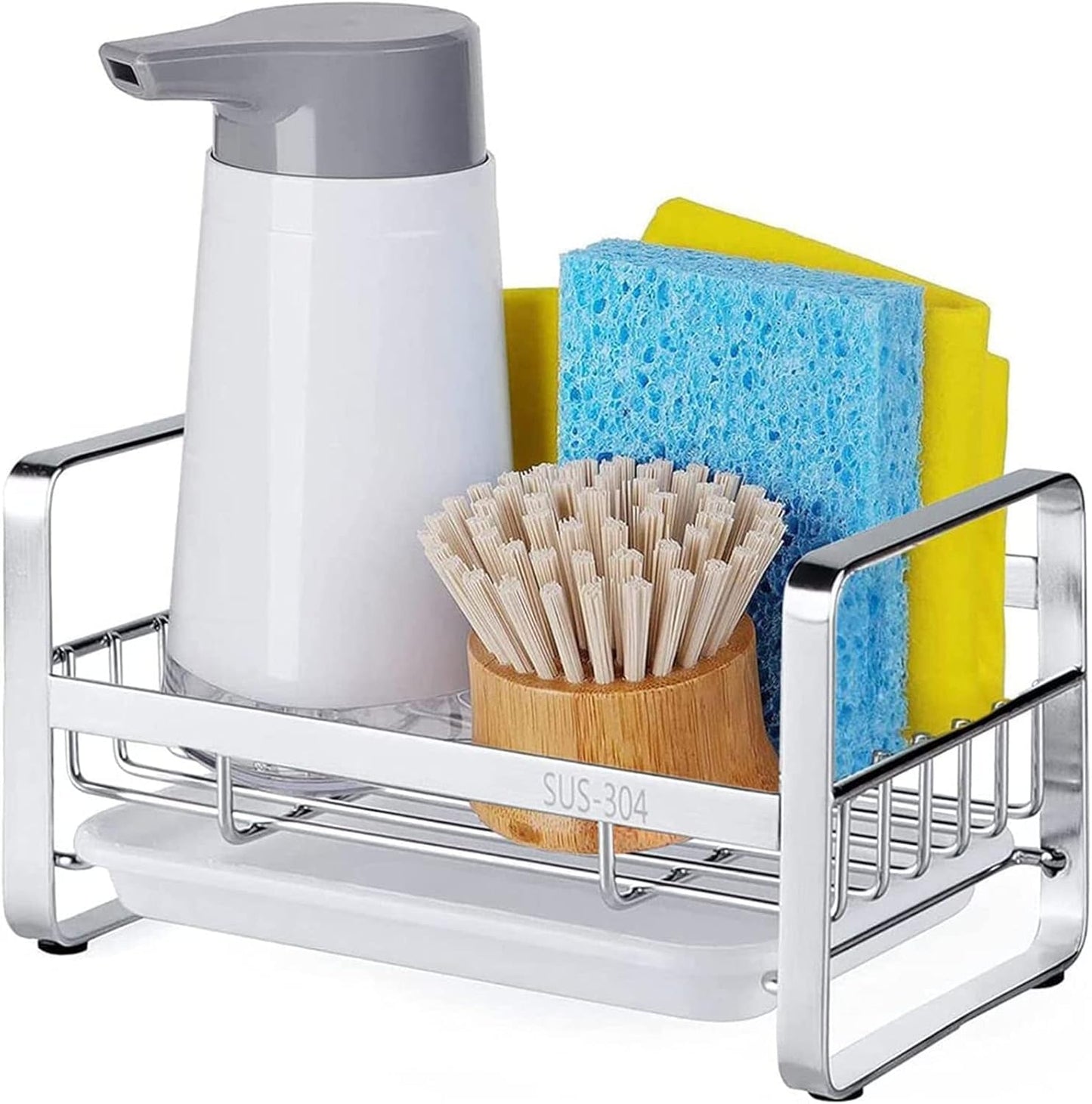 Kitchen Sink Sponge Holder, 304 Stainless Steel Kitchen Soap Dispenser Caddy Organizer