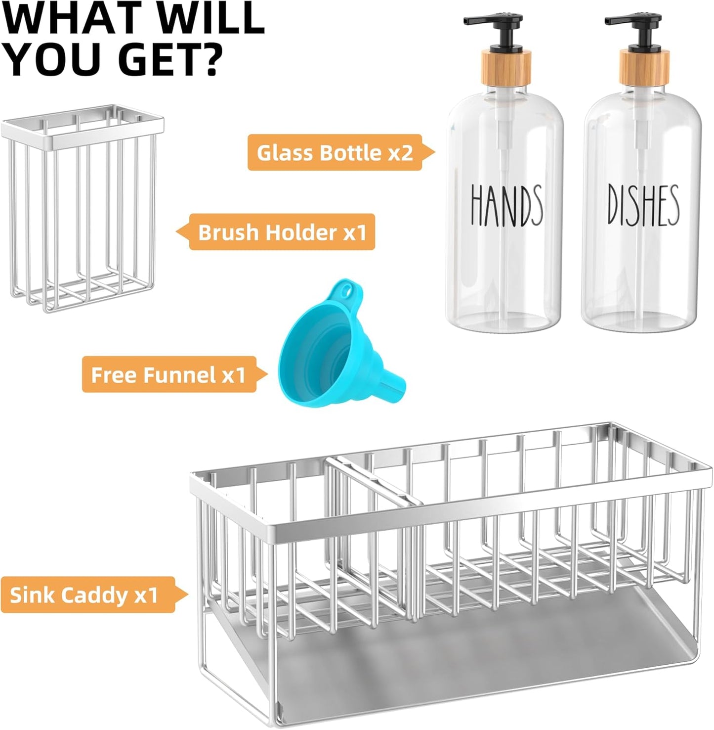 Kitchen Dish Soap Dispenser Set Stainless Steel Sponge Holder and 2 Pack 16.9oz Clear Glass