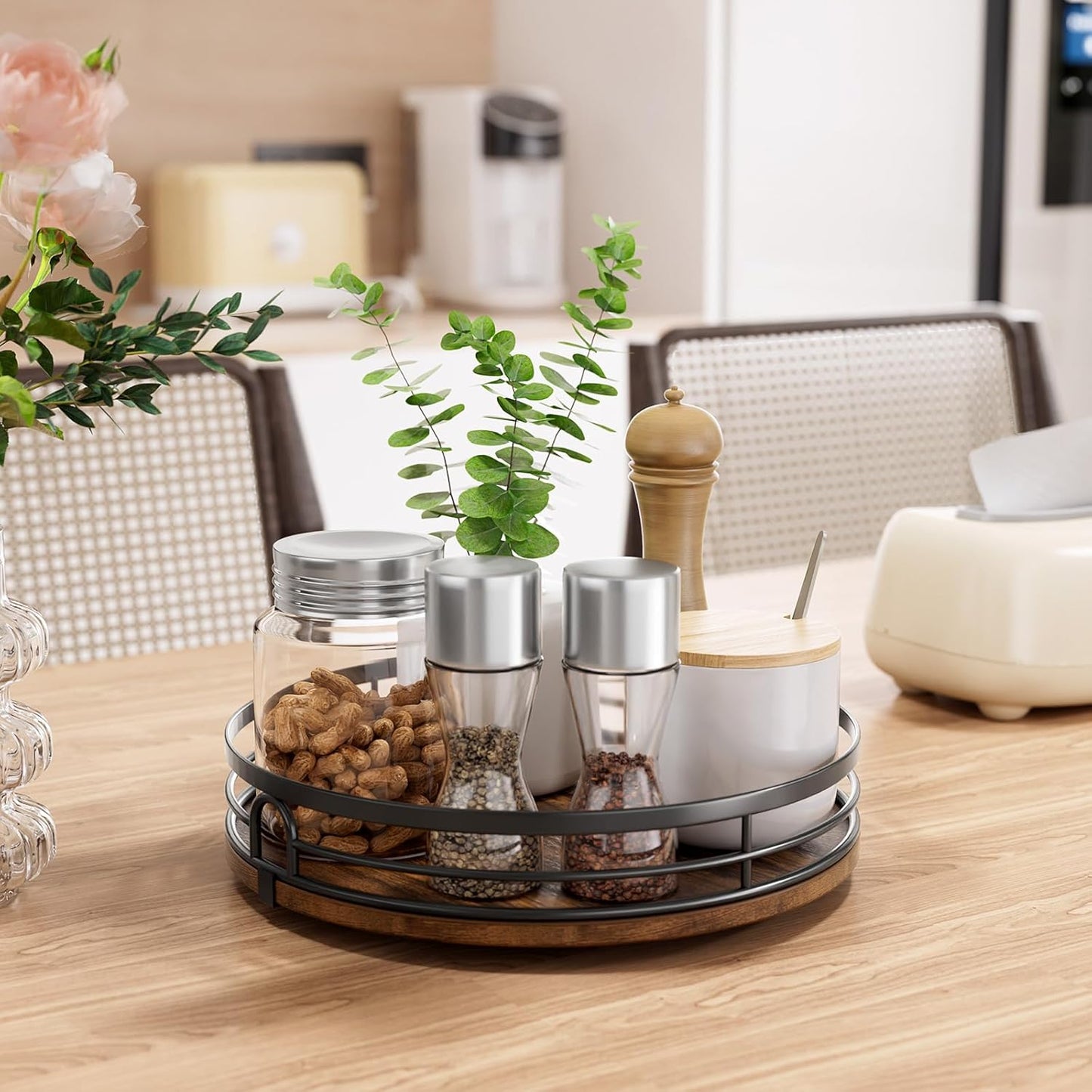 9'' Lazy Susan Turntable Organizer for Cabinet, Round Wood Lazy Susan for Table Top, Kitchen