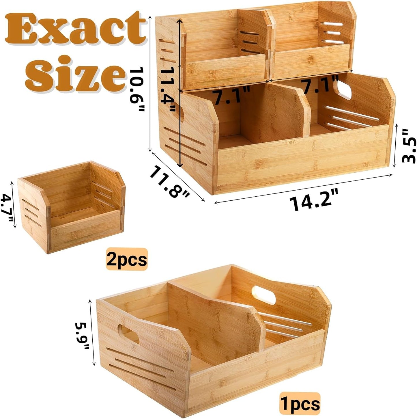 2 Tier Bamboo Stackable Storage Bins, 4 Compartment Potato and Onion Storage Baskets