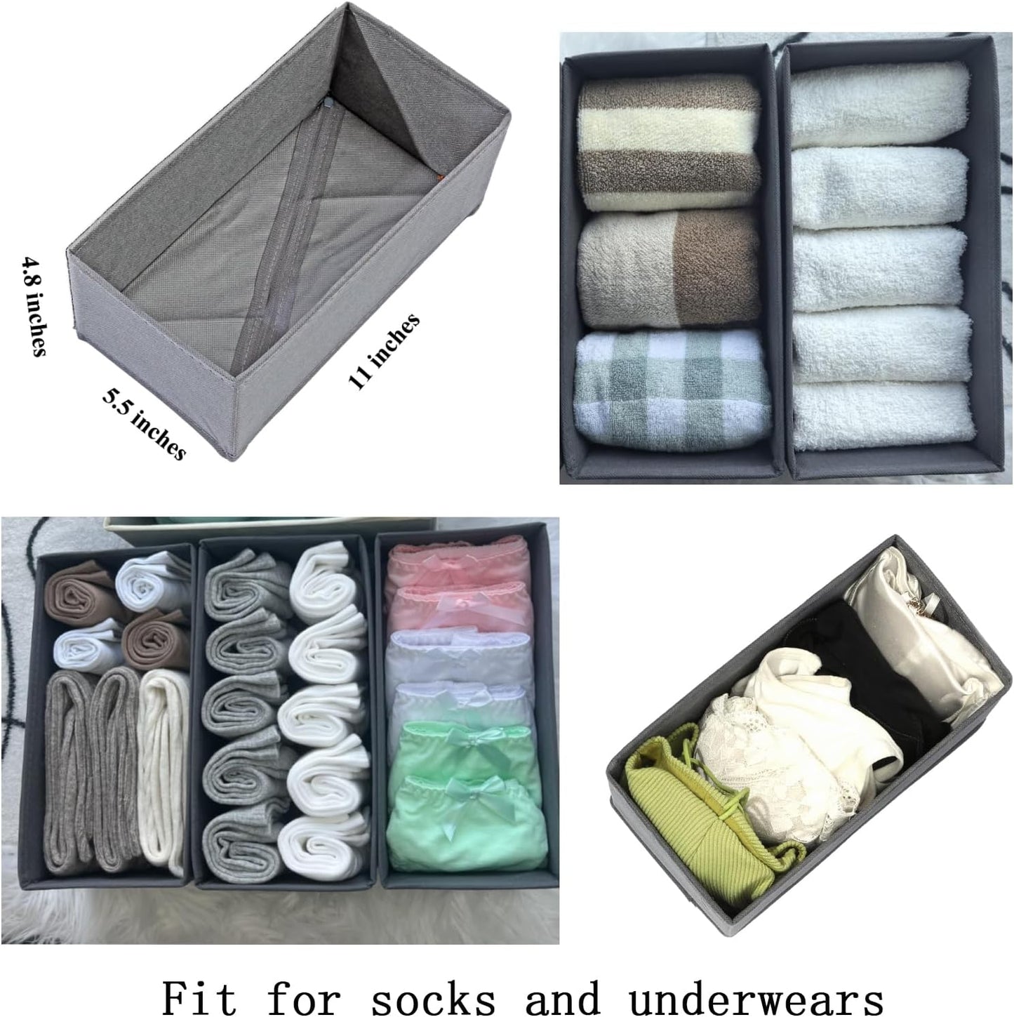 Sock Drawer Organizer 3 Pack - Collapsible Fabric Storage Bins for Underwear Divider