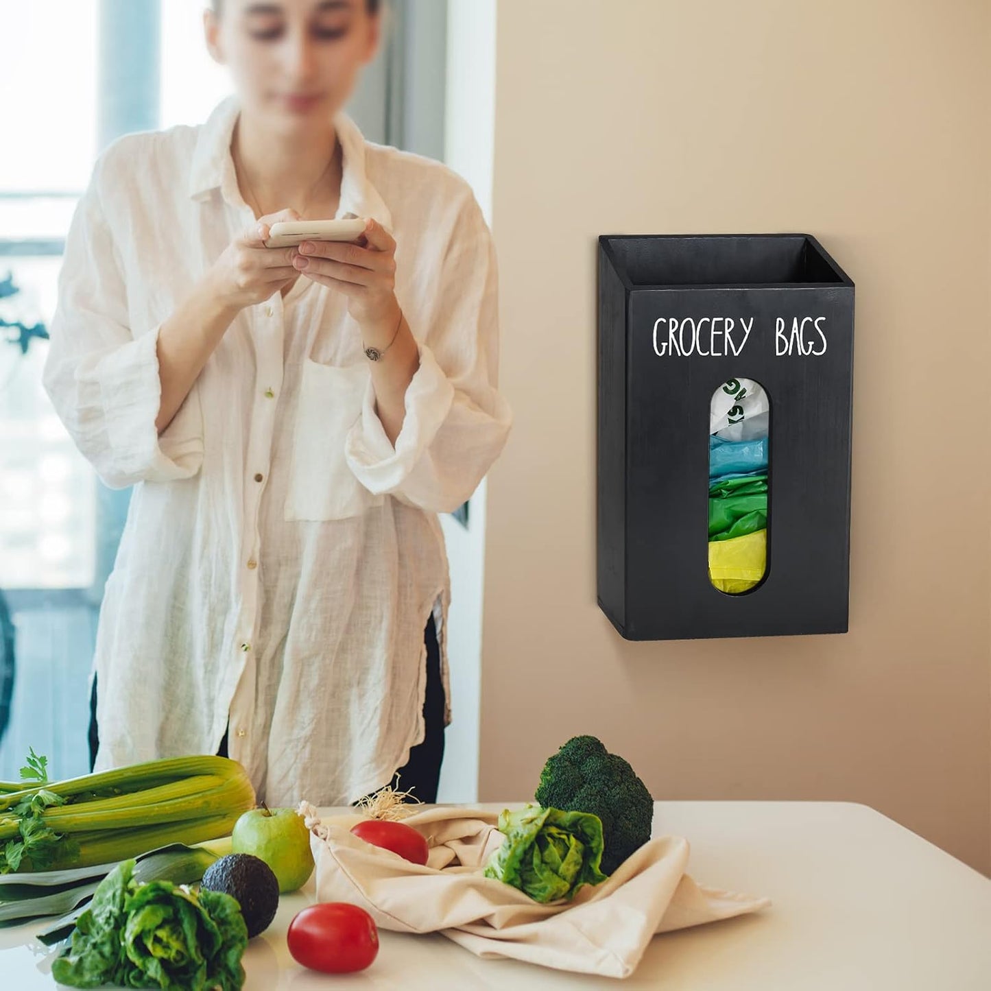Farmhouse Wooden Grocery Bag Holder and Dispenser