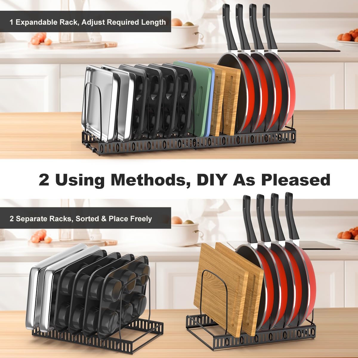 Cutting Board Organizer Rack, Expandable Baking Tray and Cookie Sheet Organizer with 14 Adjustable Dividers, Bakeware Muffin Tin Cupcake Pan Storage Organizer for Cabinet, Black