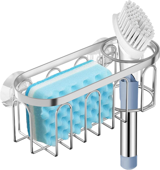 2-in-1 Sponge Holder for Kitchen Sink, Sink Caddy Kitchen Sink Organizer with 3 Suction Cups