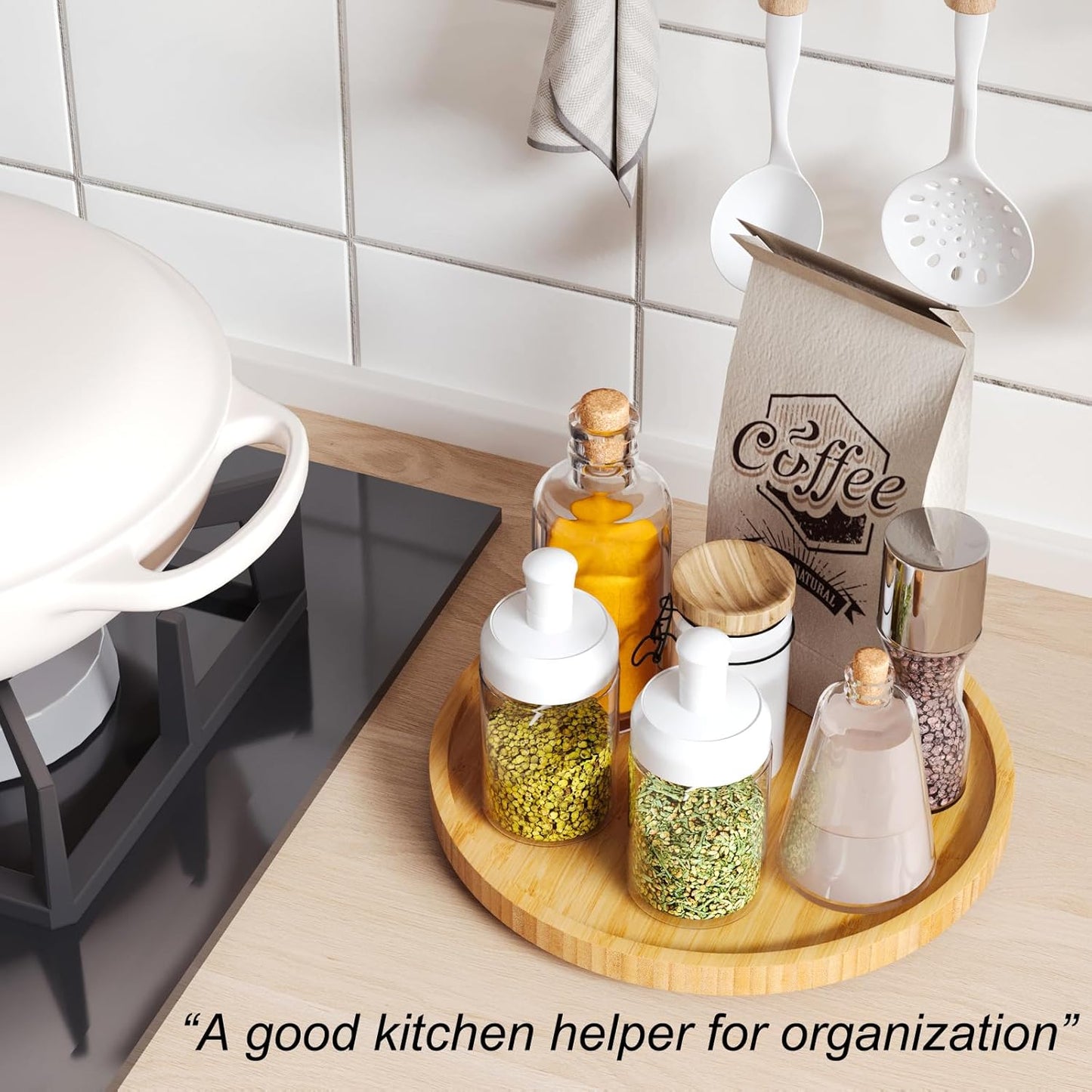 Lazy Susan Organizer for Kitchen,Bamboo Turntable for Cabinet,Pantry,Vanity,Middle（Natural）