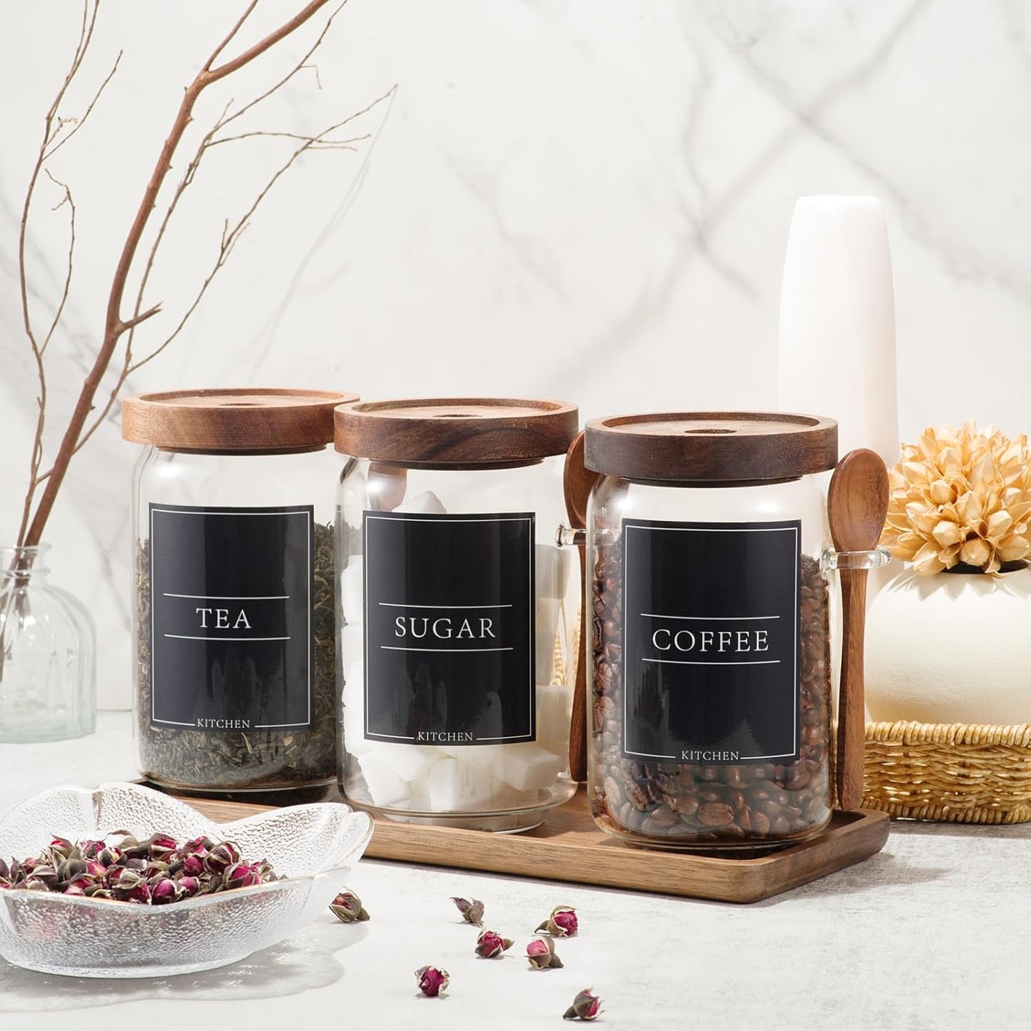 Coffee and Sugar Container Set, Glass Coffee Jars with Wooden Lids and Scoops