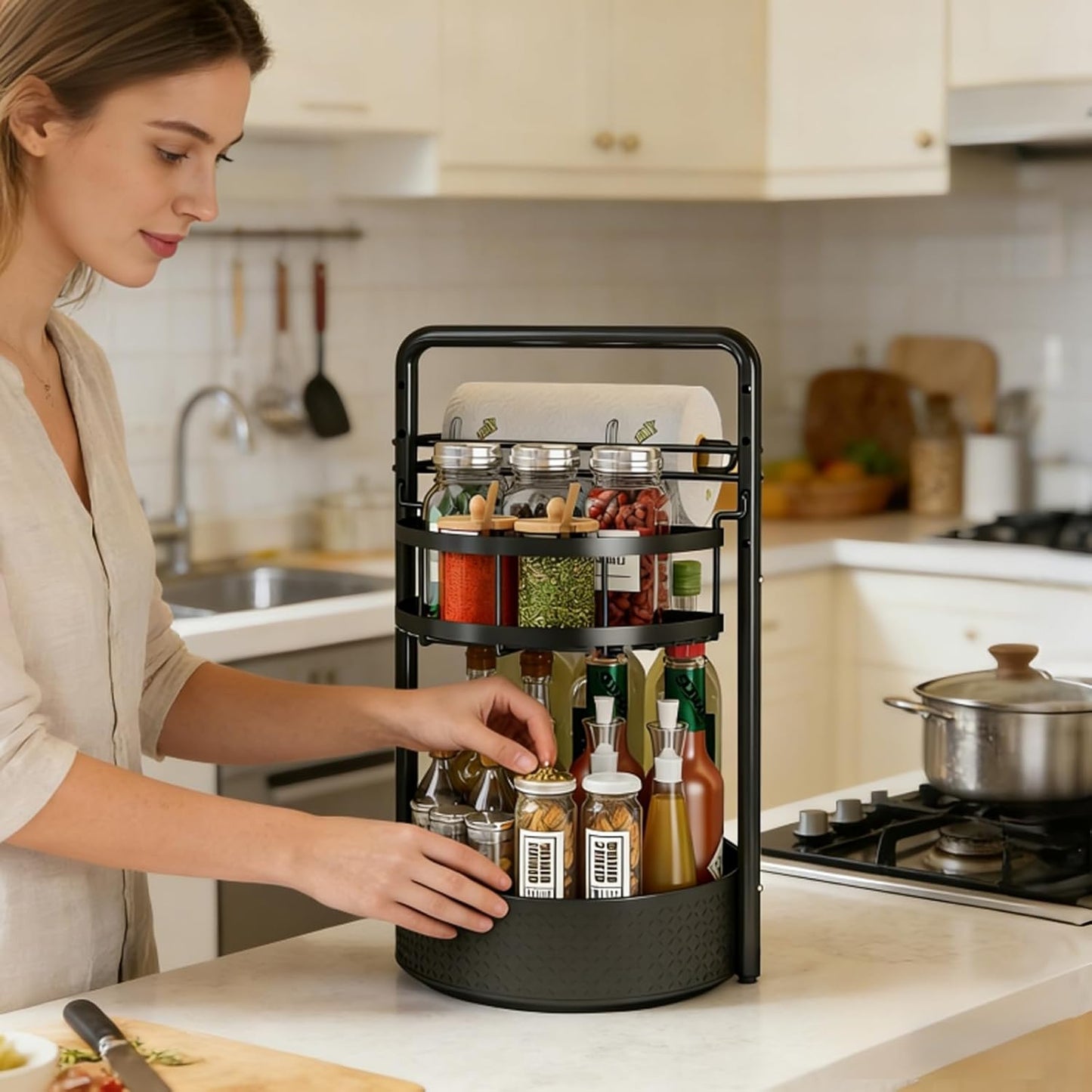 Rotating Spice Rack with Paper Towel Holder, 2 Tier Turntable Lazy Susan