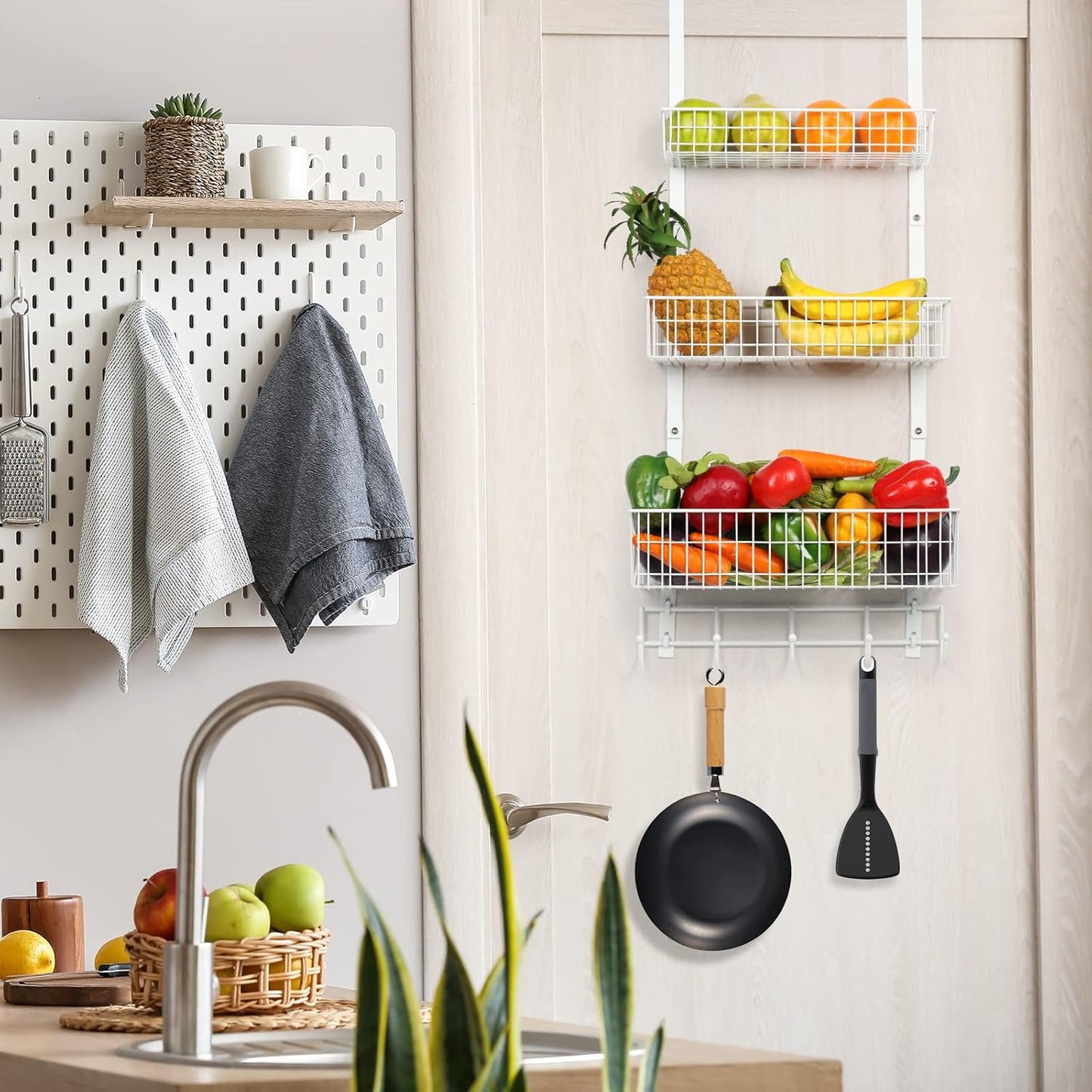 Over The Door Organizer with Hooks Door Hanger Towel Rack with 3 Mesh Baskets Back of Door Hanging Shelf Organizer Behind Door Pantry Organizer for Bathroom Bedroom White
