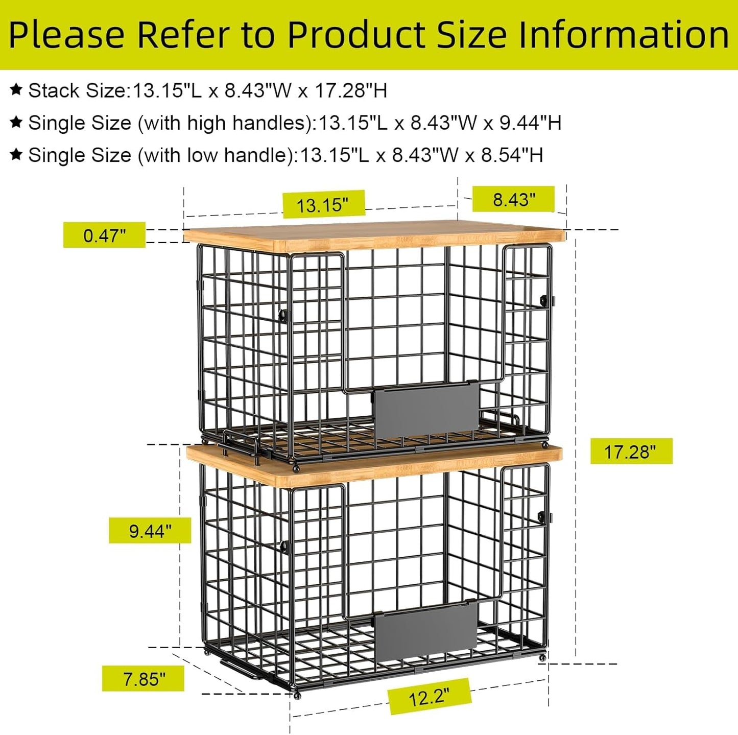 2 Set XL Stackable Wire Baskets with Bamboo Top- Pantry Organizers and Storage