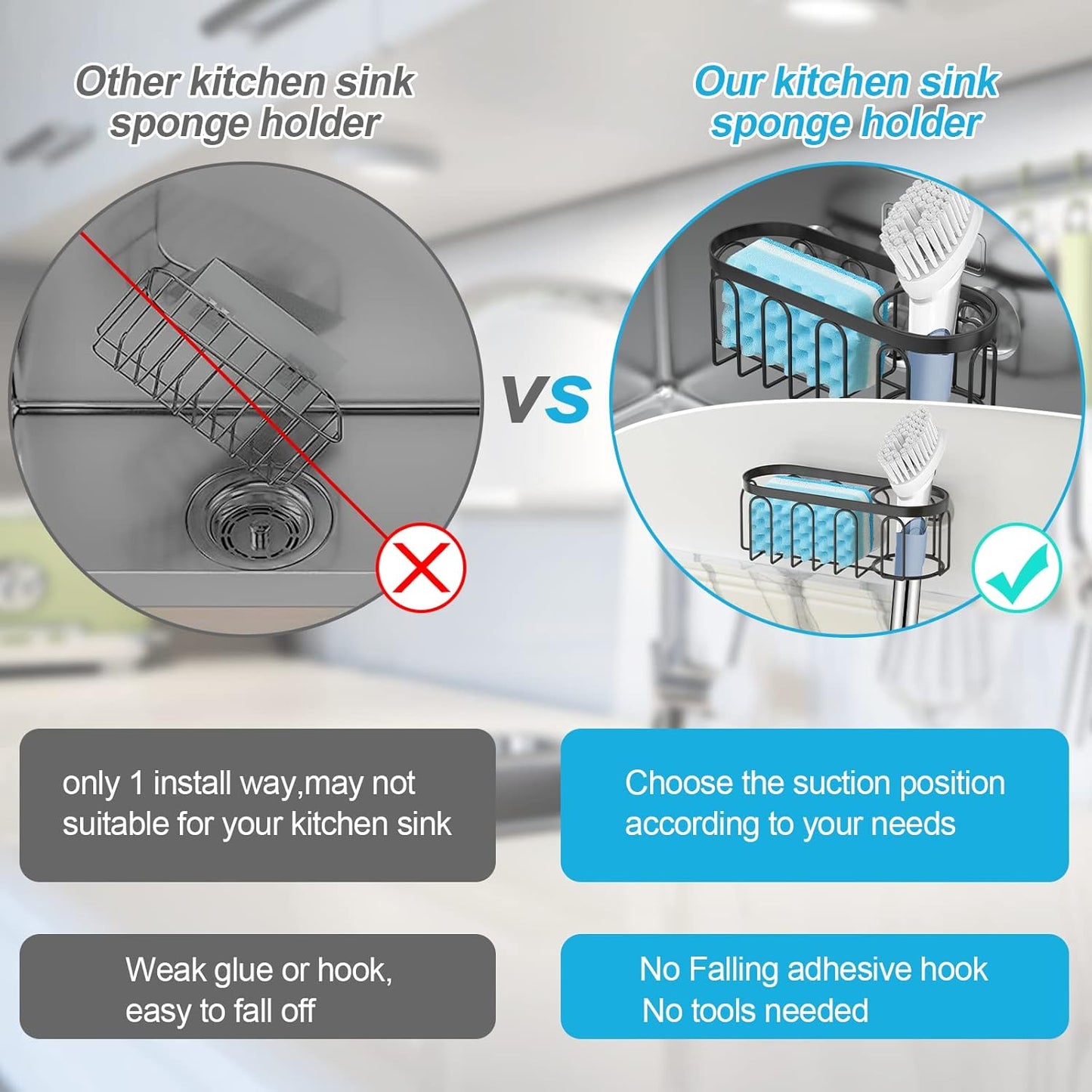 2-in-1 Sponge Holder for Kitchen Sink, Sink Caddy Kitchen Sink Organizer with 3 Suction Cups