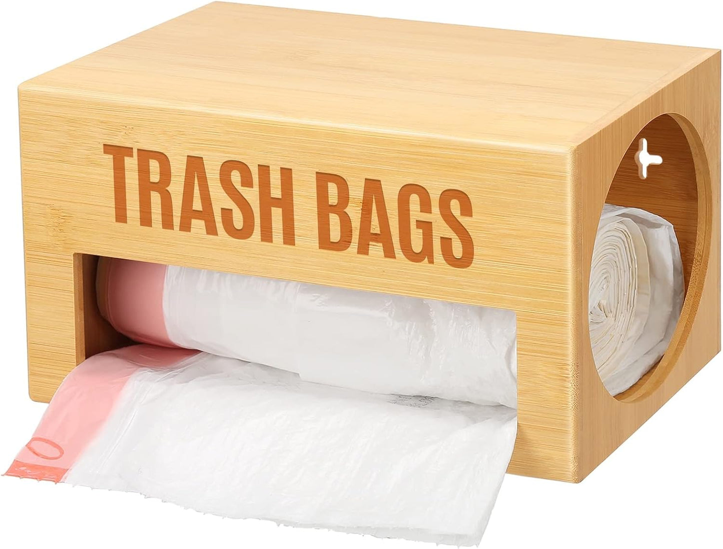 Bamboo Garbage Bag Dispenser Roll Holder - Wall Mount Trash Bag Organizer for 13-33 Gallons