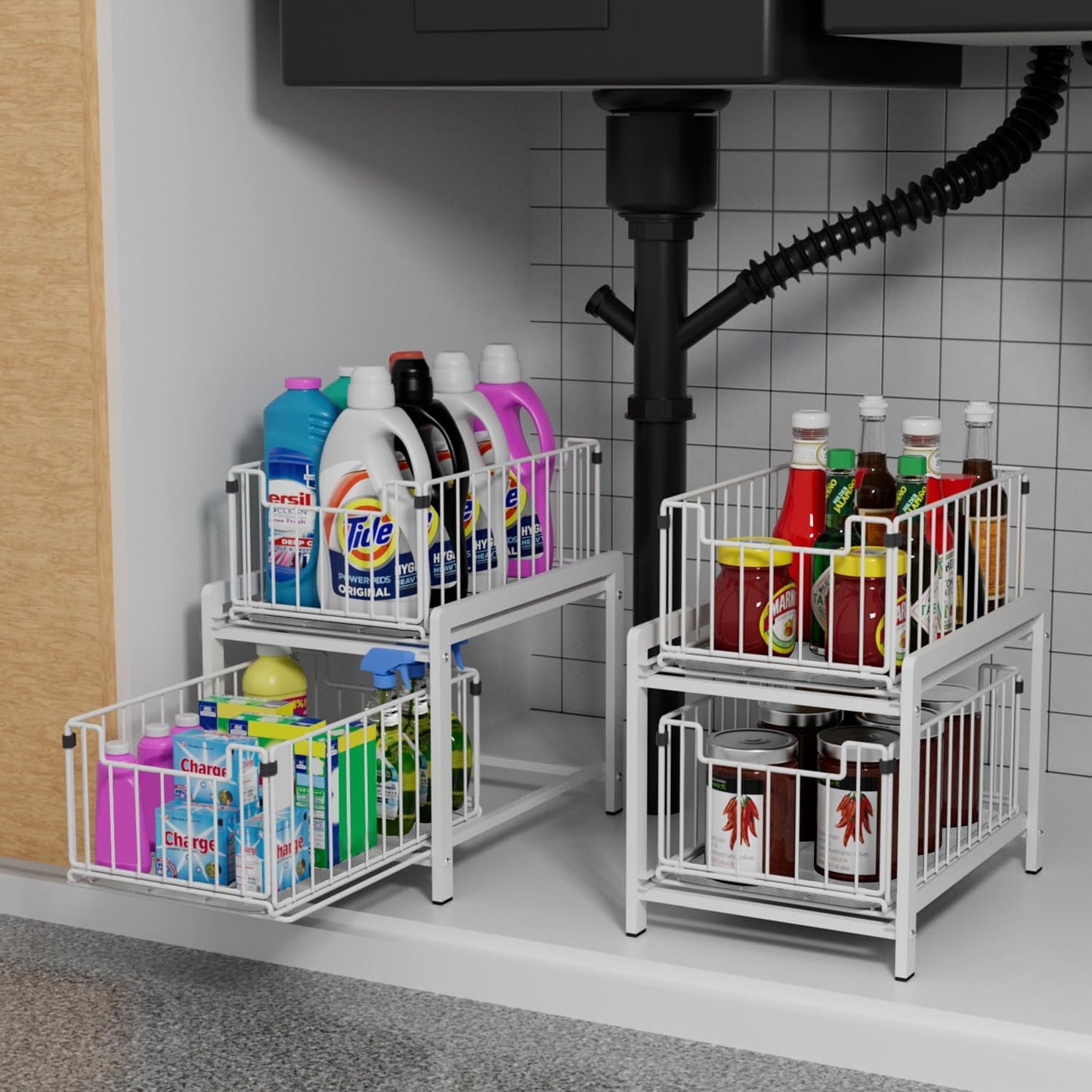2 Tier Sliding Basket Drawer Organizer, Lxmons Pull Out Under Sink Cabinets Organizers