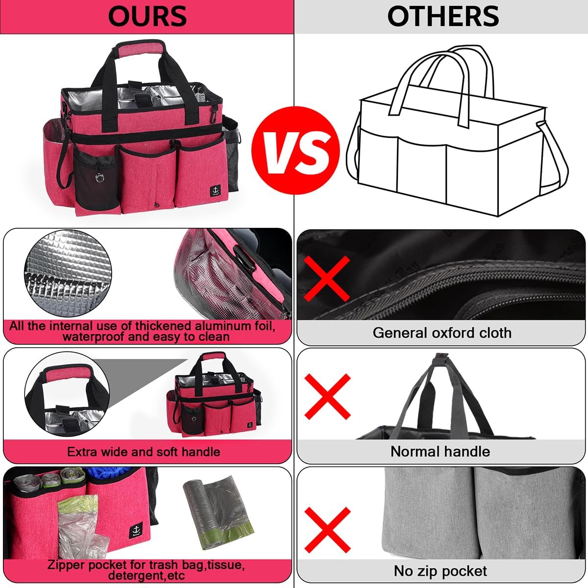 Large Cleaning Caddy Bag Built-in Sturdy Support Board, Cleaning Organizer with Detachable Divider