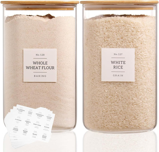2 Pack large Square Glass Flour and Sugar Containers with 132 Kitchen Pantry Labels