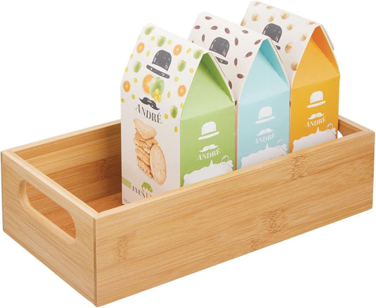 Bamboo Kitchen Storage Container Bin - Drawer Organizer Crate Box with Handles for Pantry Cabinet