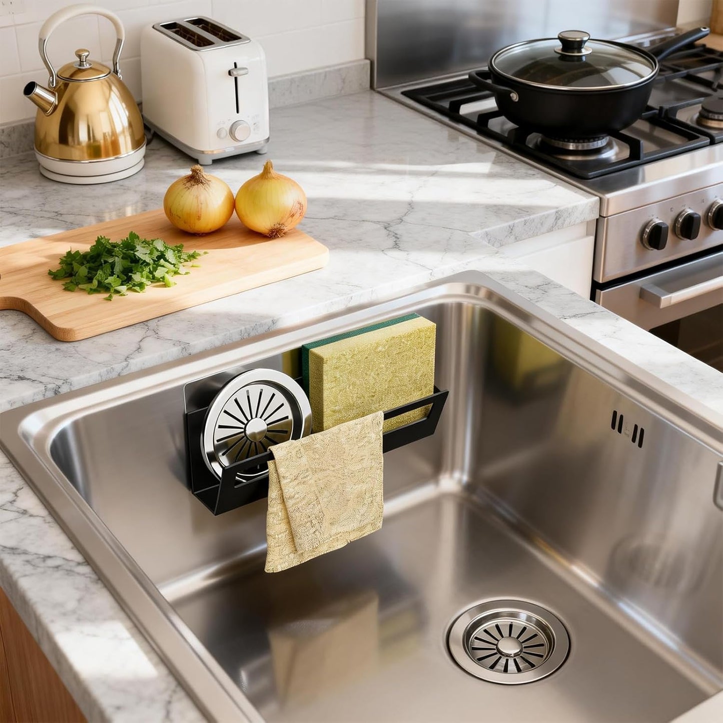 Sponge Holder for Kitchen Sink with Suction Cups & Adhesive Hook, Rustproof In-Sink Sponge Holder