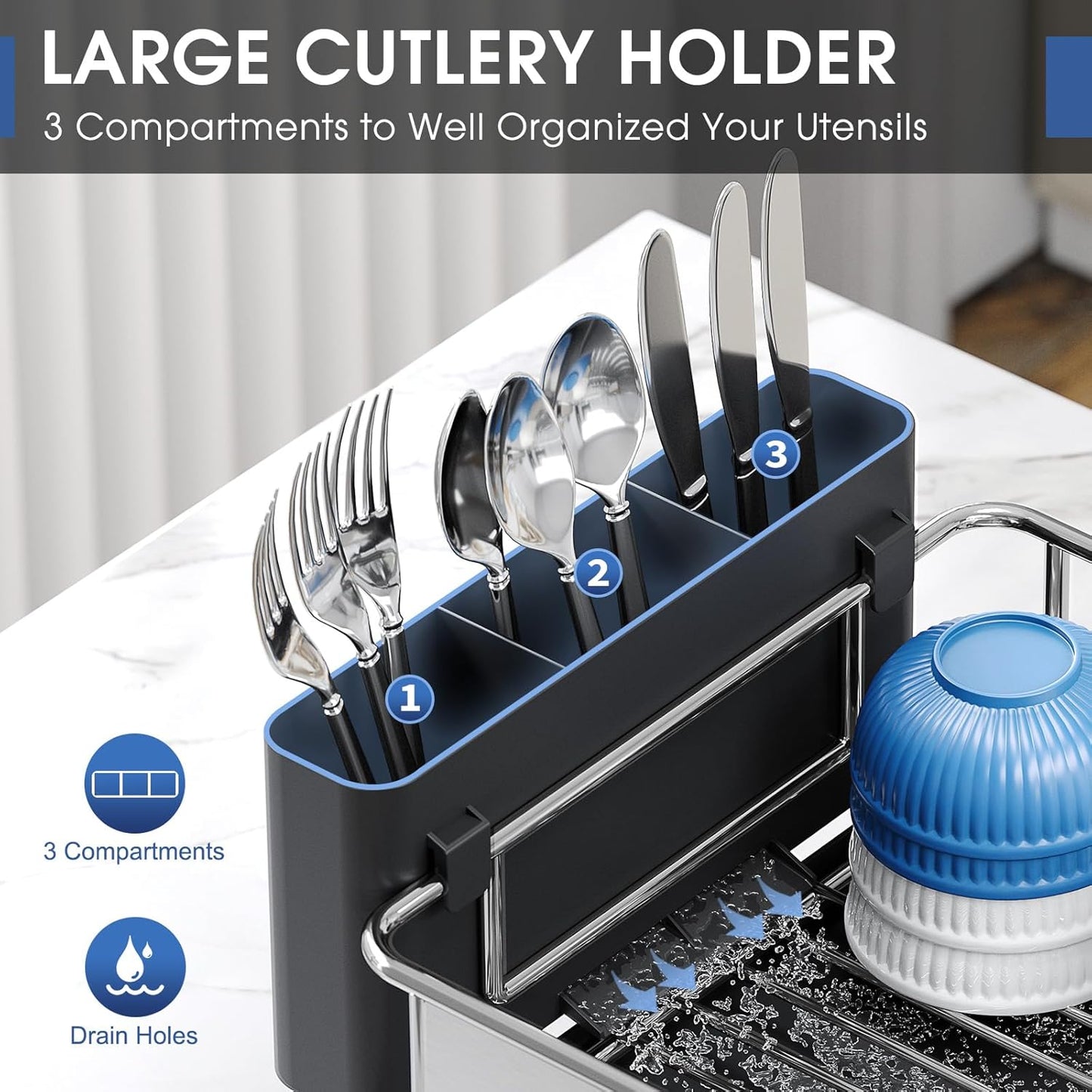 Stainless Steel Dish Drying Rack - Large Capacity Kitchen Counter Organizer with Drain Board