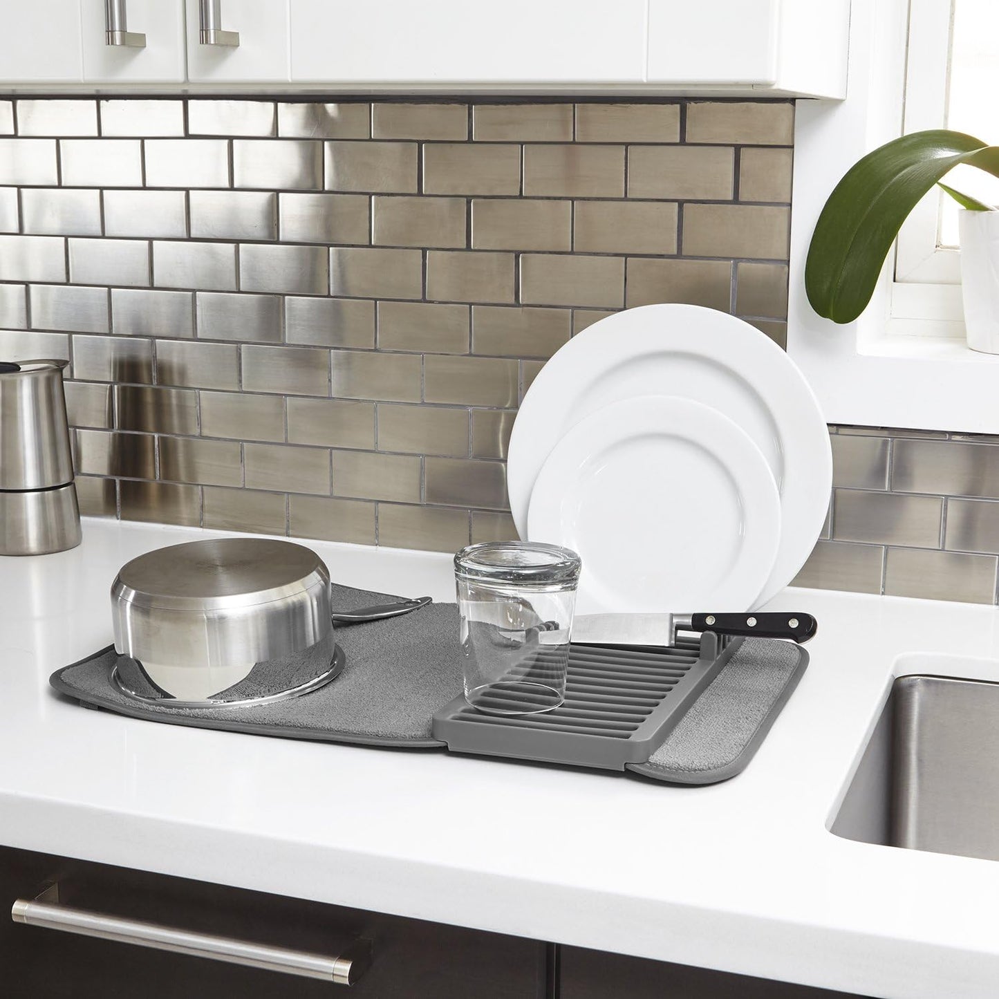 Udry Dish Rack and Microfiber Drying Mat – Space-Saving Design Folds Up for Easy Storage