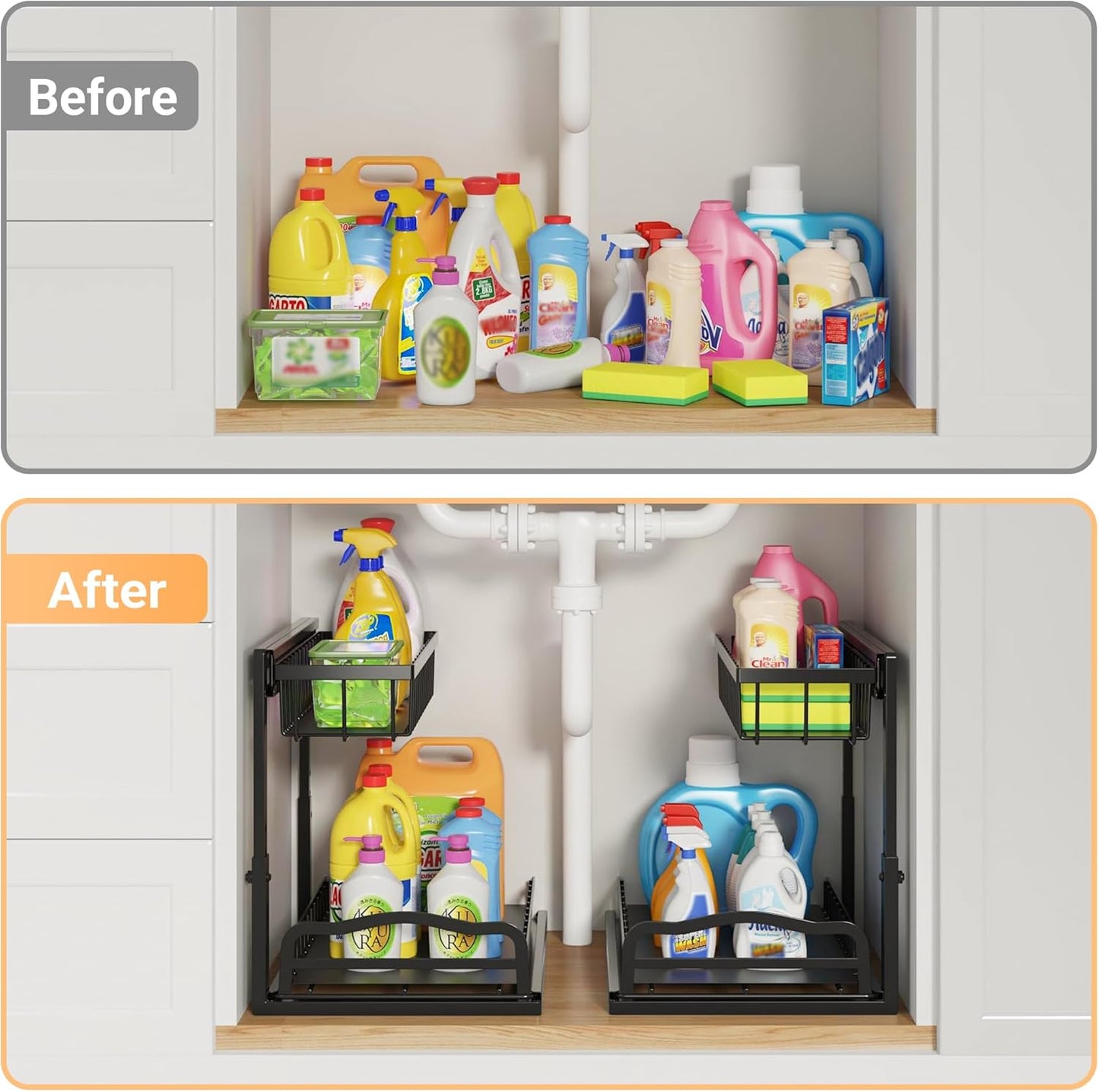 Under Sink Organizer 2 Pack, L-Shaped 2 Tier Pull Out Cabinet Organizer with Sliding Drawer
