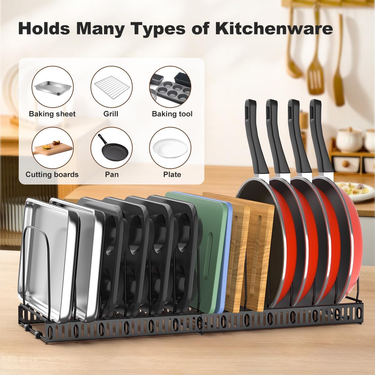 Cutting Board Organizer Rack, Expandable Baking Tray and Cookie Sheet Organizer with 14 Adjustable Dividers, Bakeware Muffin Tin Cupcake Pan Storage Organizer for Cabinet, Black