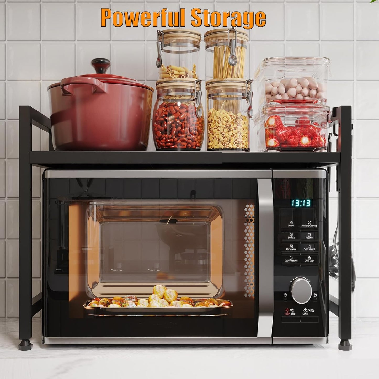 Extendable Microwave Oven Stand, Adjustable Microwave rack Toaster Shelf, Heavy Duty Rack 2 Tier Kitchen Counter Top Organizer with 6 Hooks for Kitchen