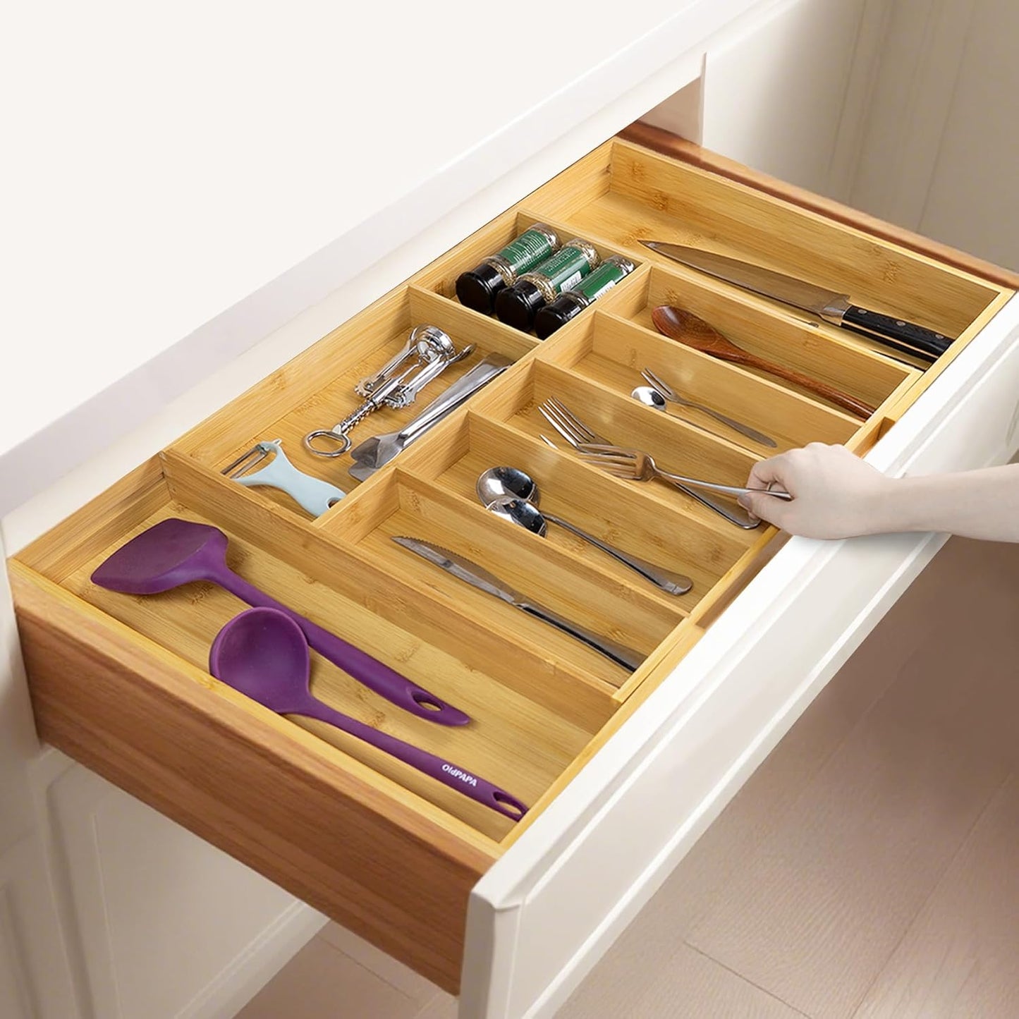 Extra Large Kitchen Drawer Organizer, Expandable Bamboo Drawer Holder for Utensils, Silverware
