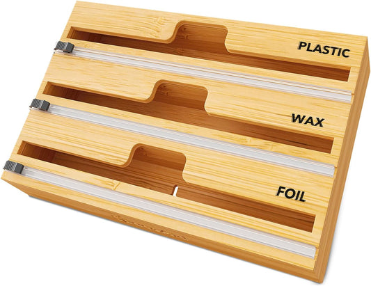 WrapNeat 3 in 1 Wrap Organizer with Cutter and Labels, Plastic Wrap