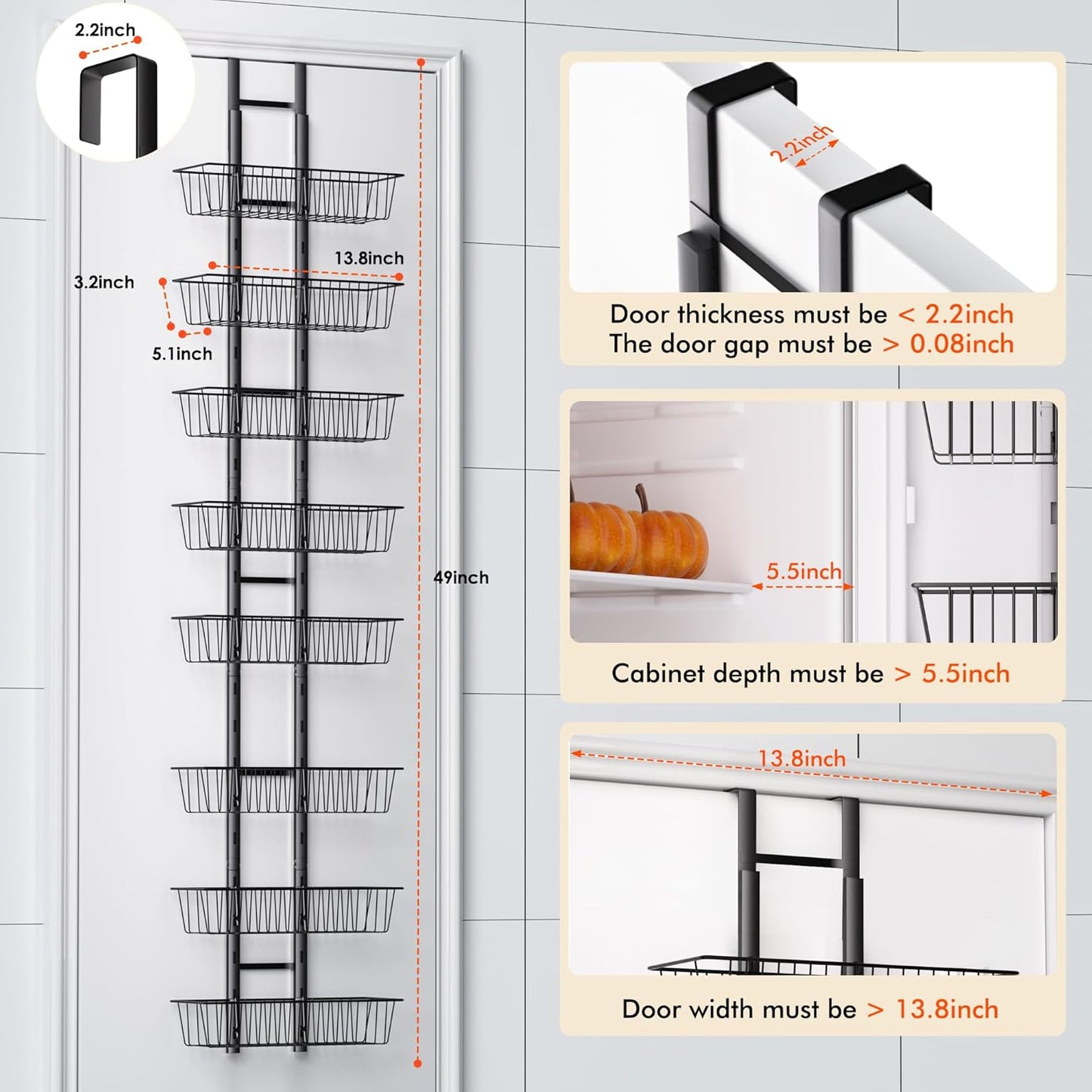 Over the Door Pantry Organizer, 8-Tier Adjustable Over the Door Hanging Spice Rack