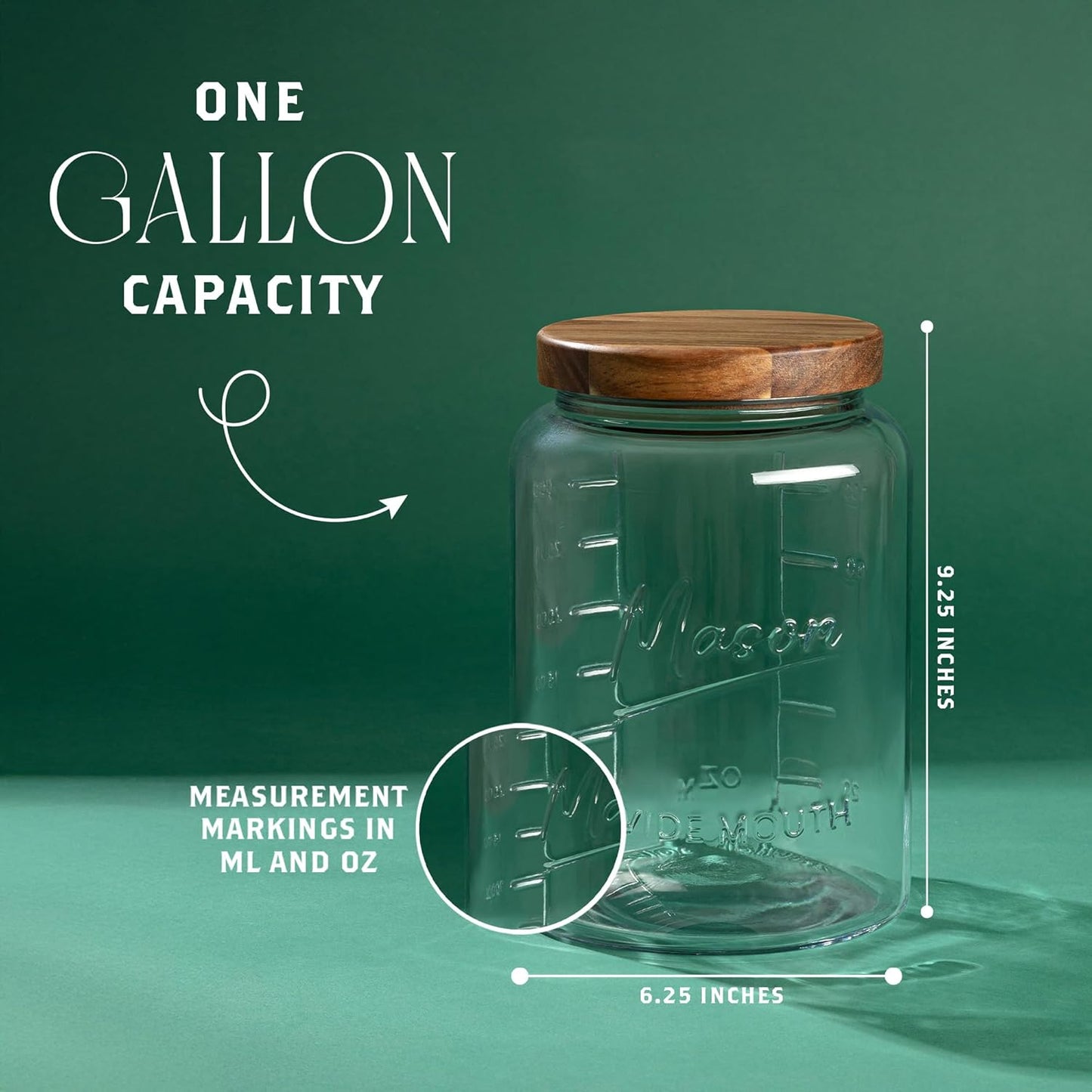 Extra Large Mason Jar - 1 Gallon Glass Wide Mouth Jar with Airtight Wooden Lid