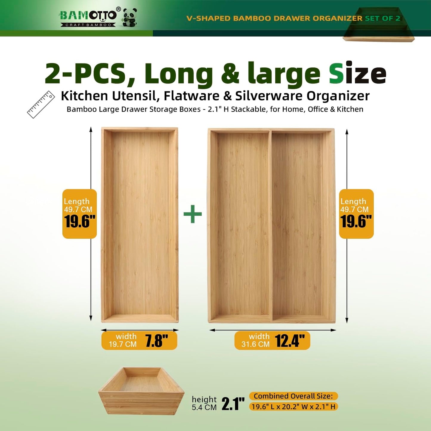 V-Shaped 2-Pack 19.6" Long Bamboo Drawer Organizer Box