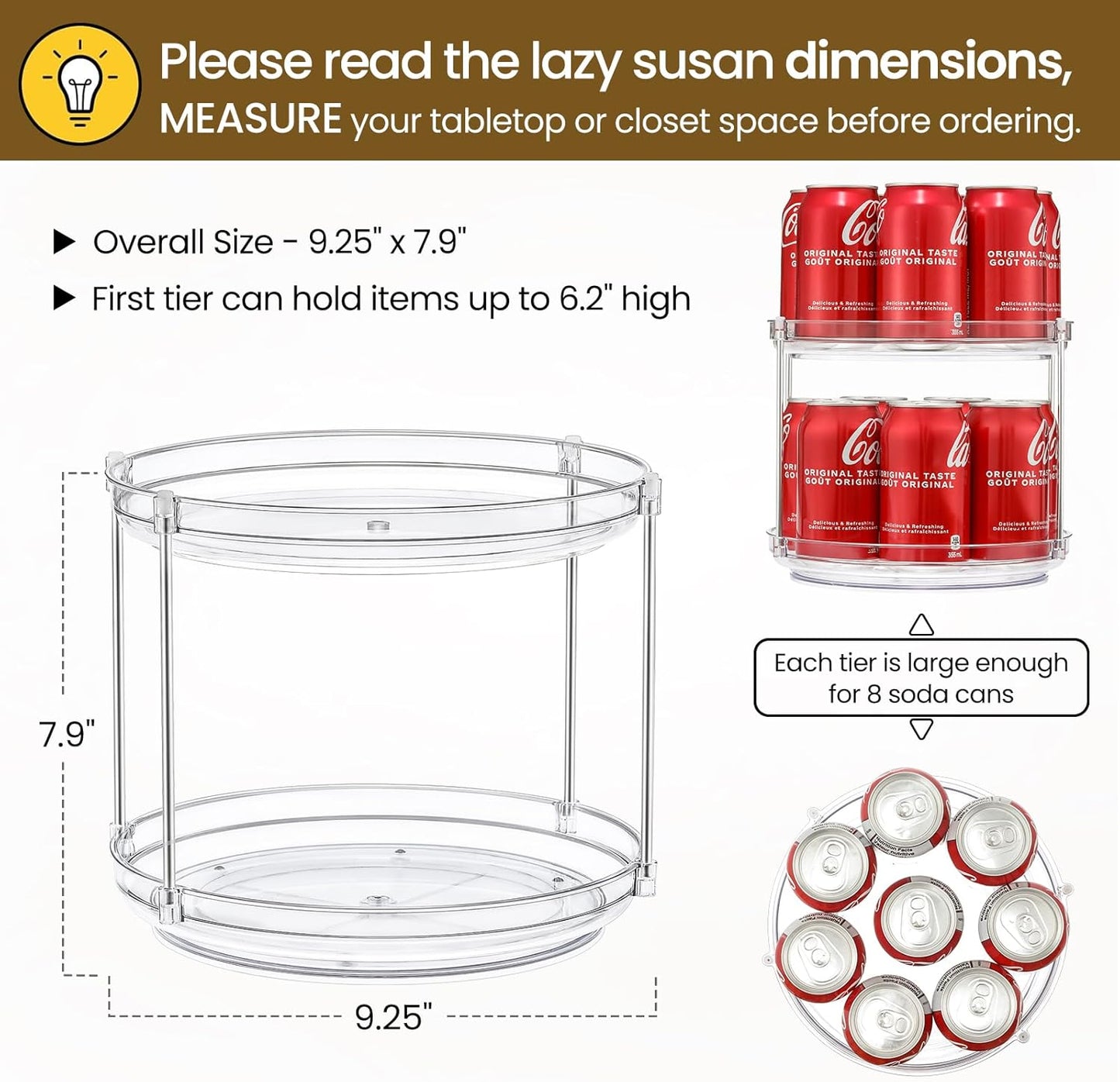 2 Set 2 Tier Non-Skid Acrylic Lazy Susan Turntable Organizer - Rotating Spice Rack