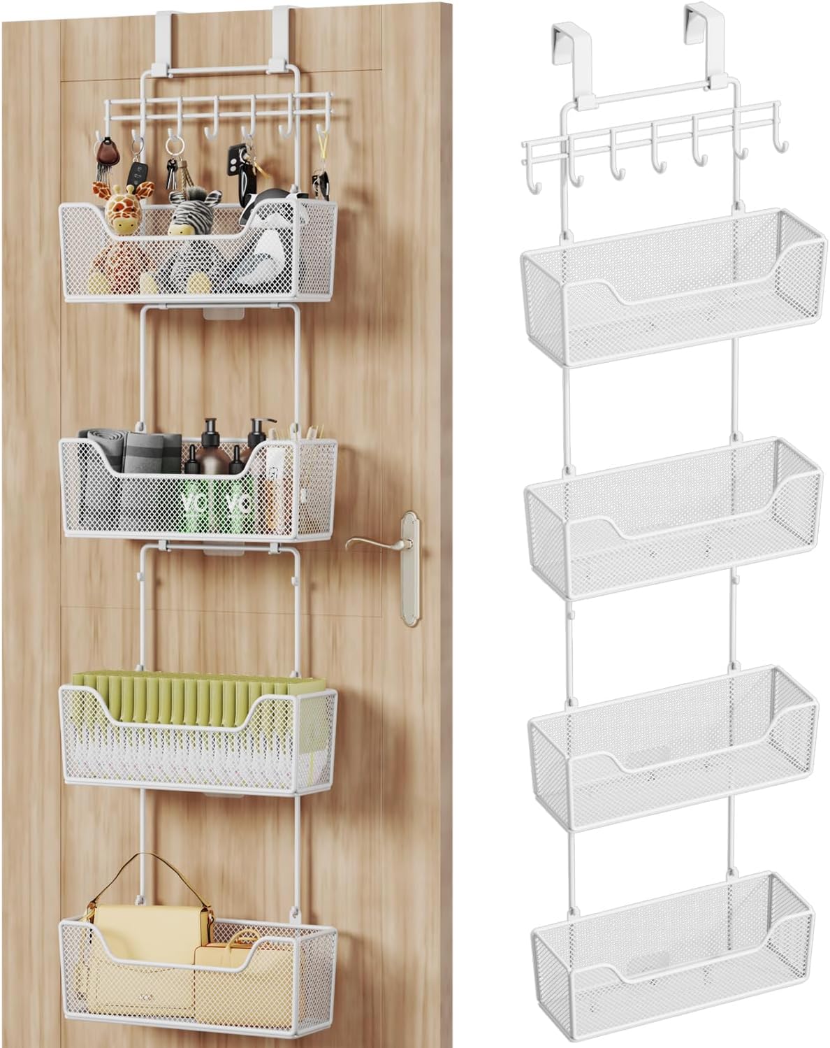 Over Door Organizer Storage - Hanging Door Organizer with 4 Metal Large Capacity Baskets and Adjustable Coat Hook for Bathroom Bedroom Kitchen Pantry Closet Cabinet