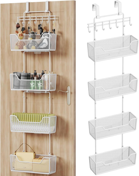 Over Door Organizer Storage - Hanging Door Organizer with 4 Metal Large Capacity Baskets and Adjustable Coat Hook for Bathroom Bedroom Kitchen Pantry Closet Cabinet