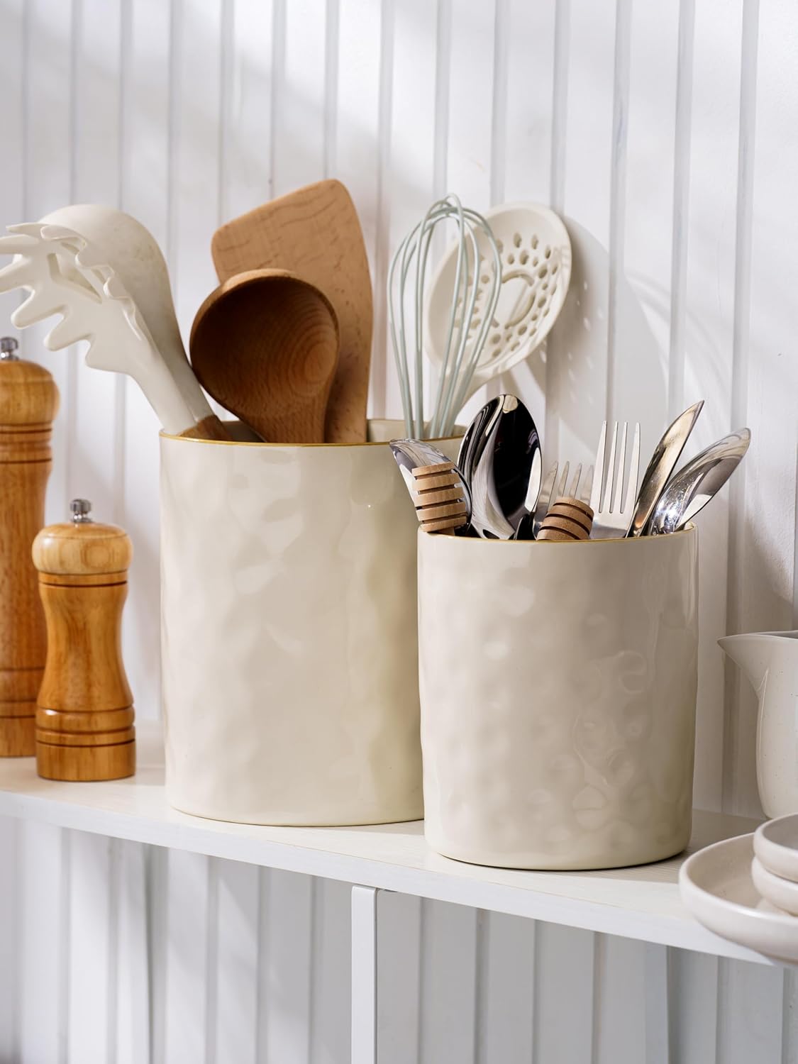Ocean Utensil Holder, 7.2"+5.8" Ceramic Kitchen Utensil Holder for Countertop