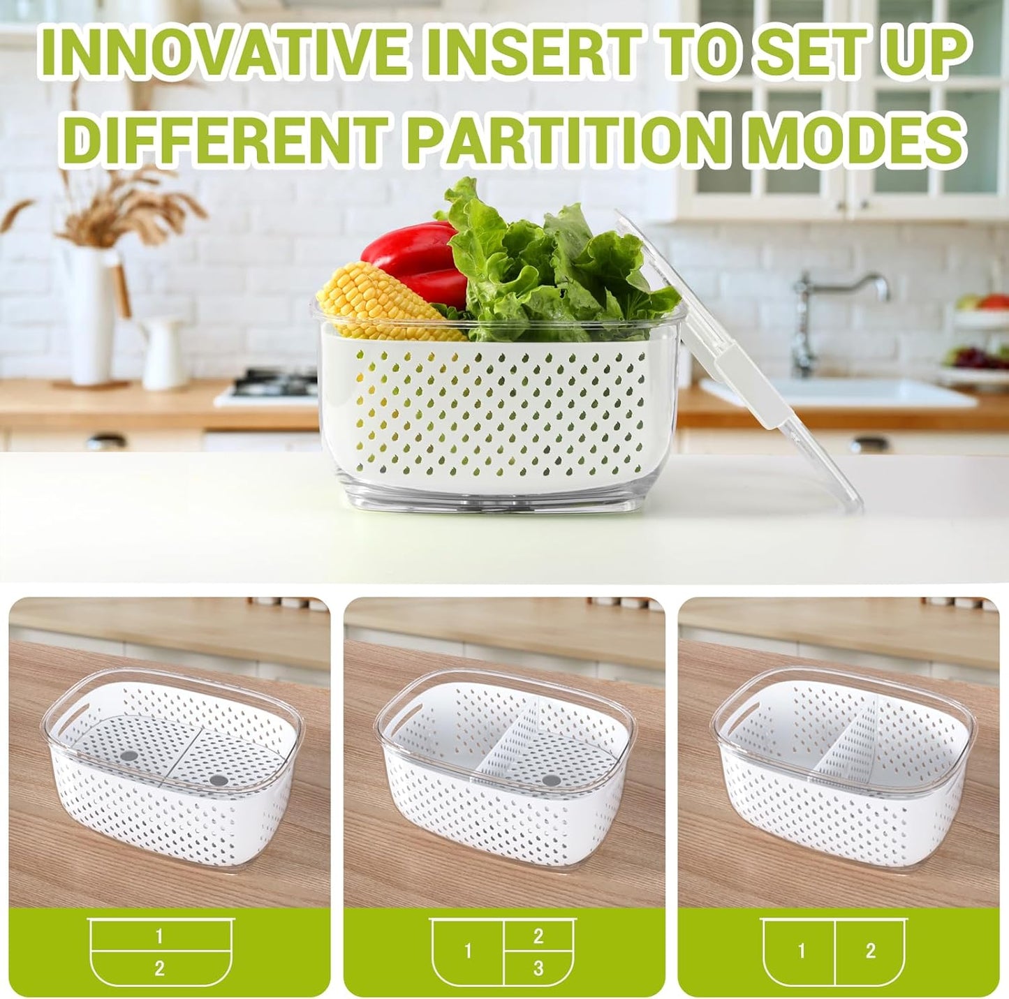 Fresh Produce Vegetable Fruit Storage Containers 3Piece Set, BPA-free, Partitioned Salad Container