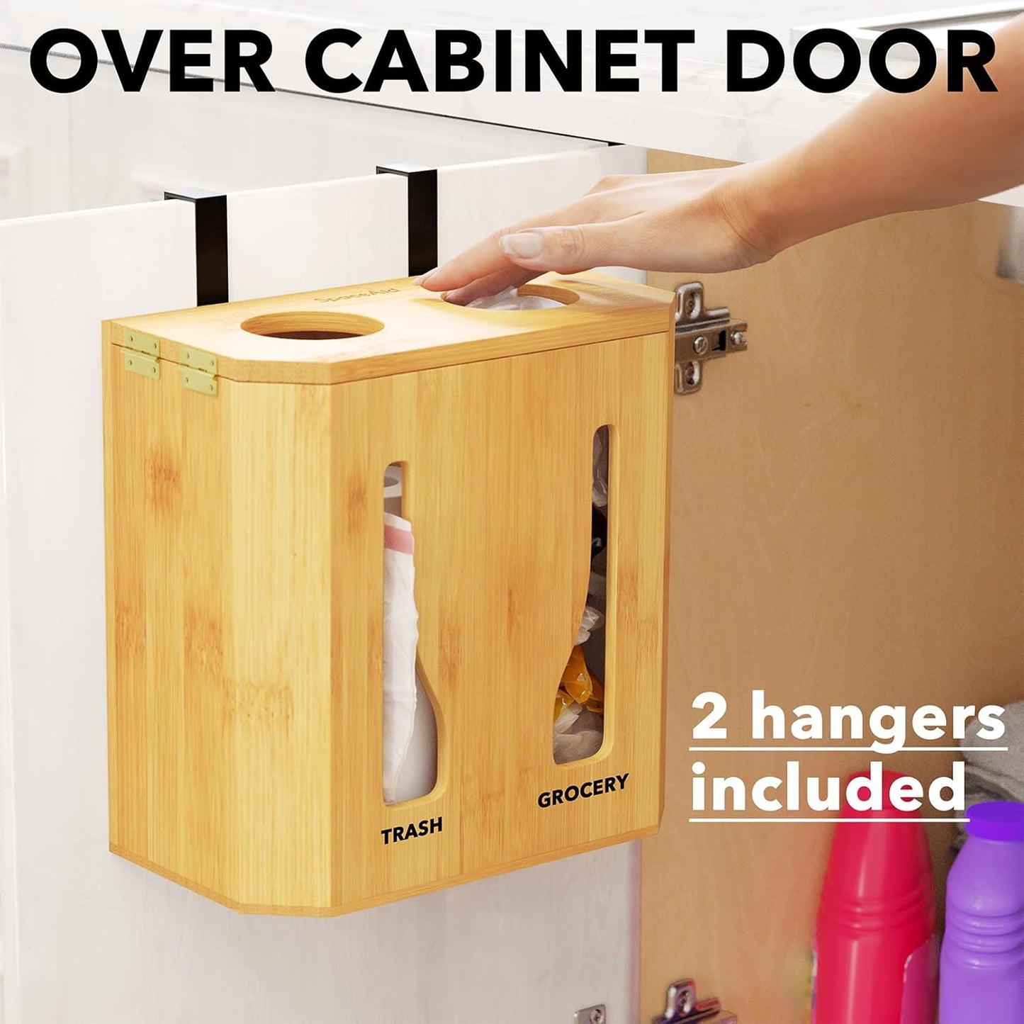 Bamboo 2 in 1 Garbage Bag Roll Holder & Dispenser, Under Sink Organizer for Kitchen Storage