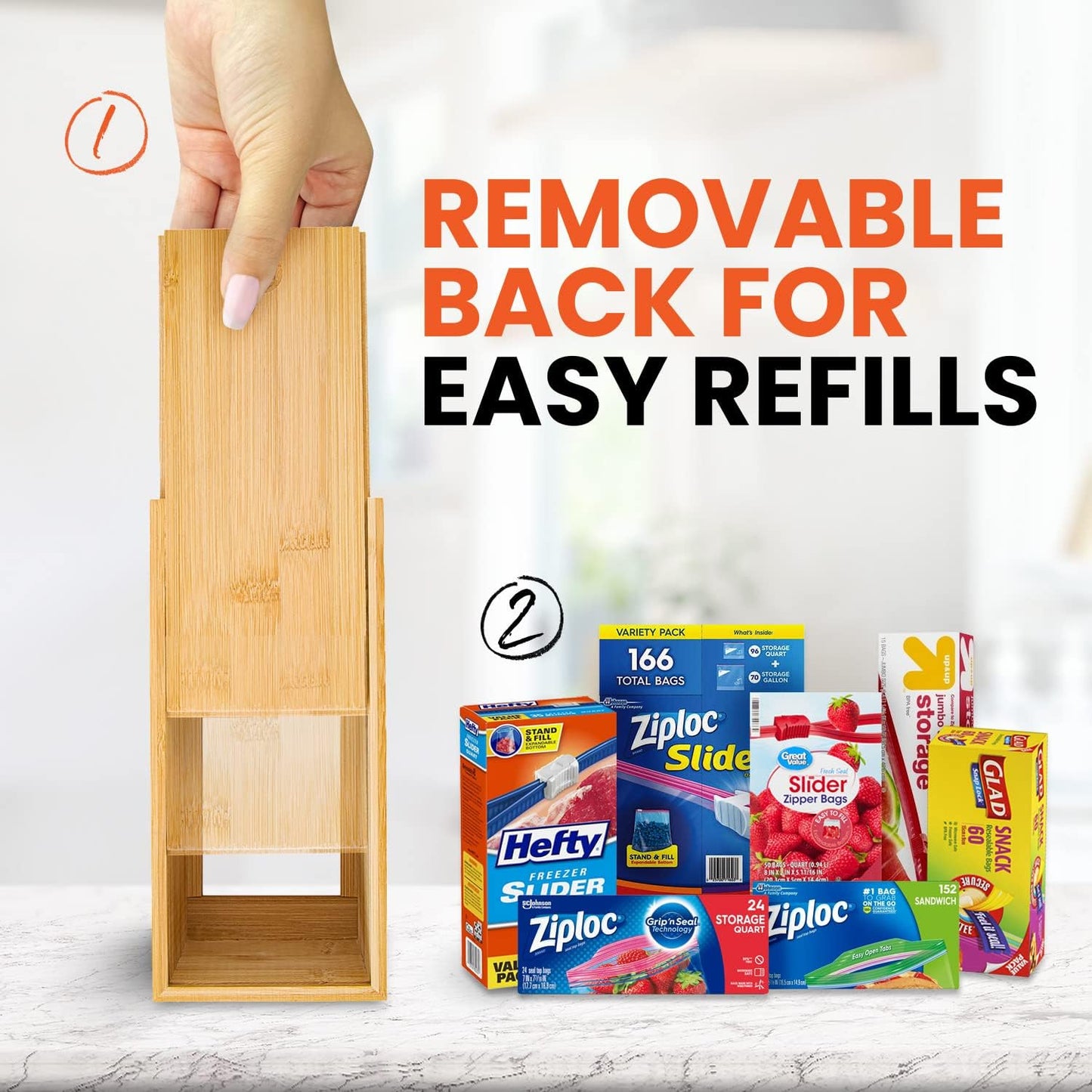 MHomeAid Bag Storage Organizer - Bamboo Food Plastic Baggie Holder, Dispenser