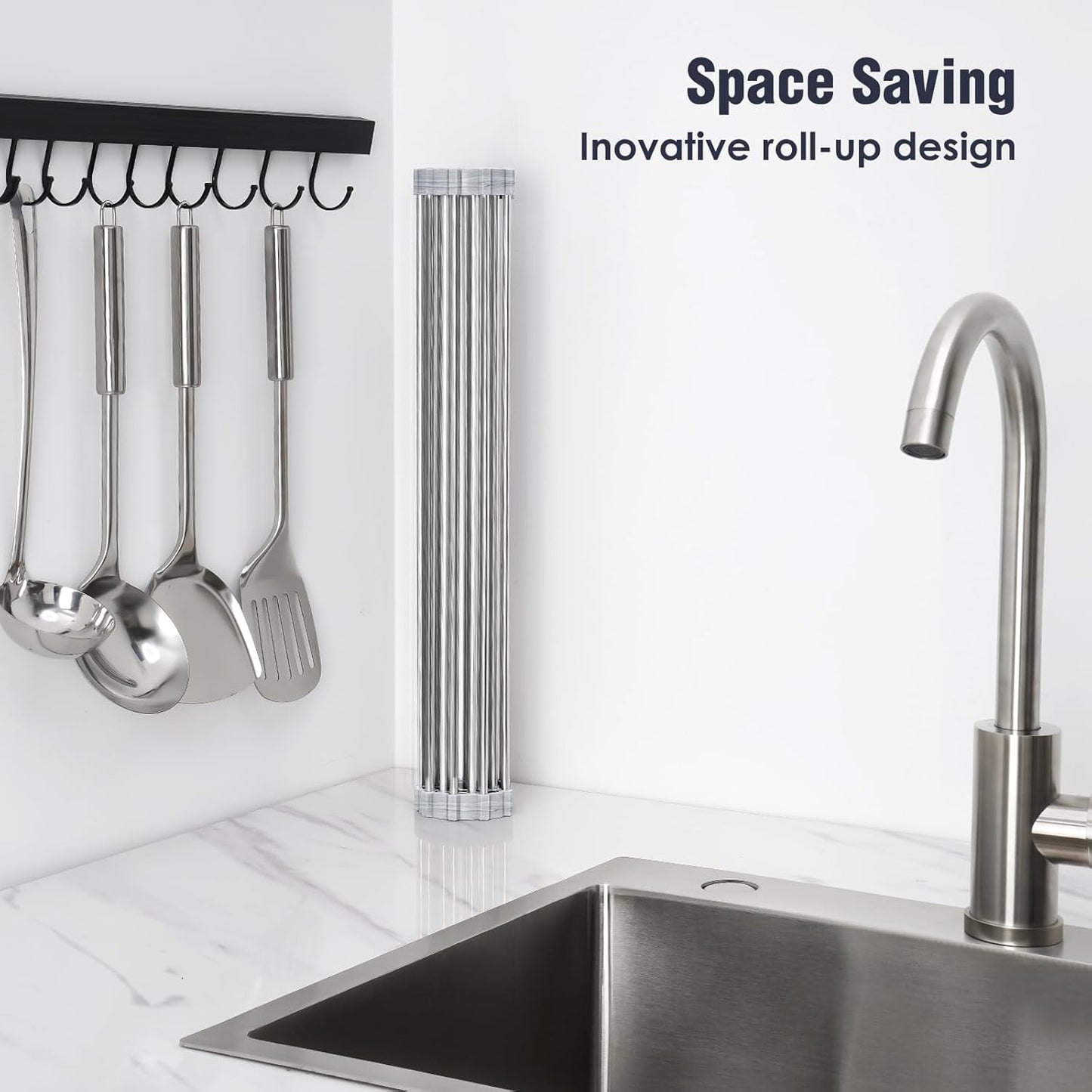 Stainless Steel Roll-Up Dish Drying Rack Marble Color Silicone Edges