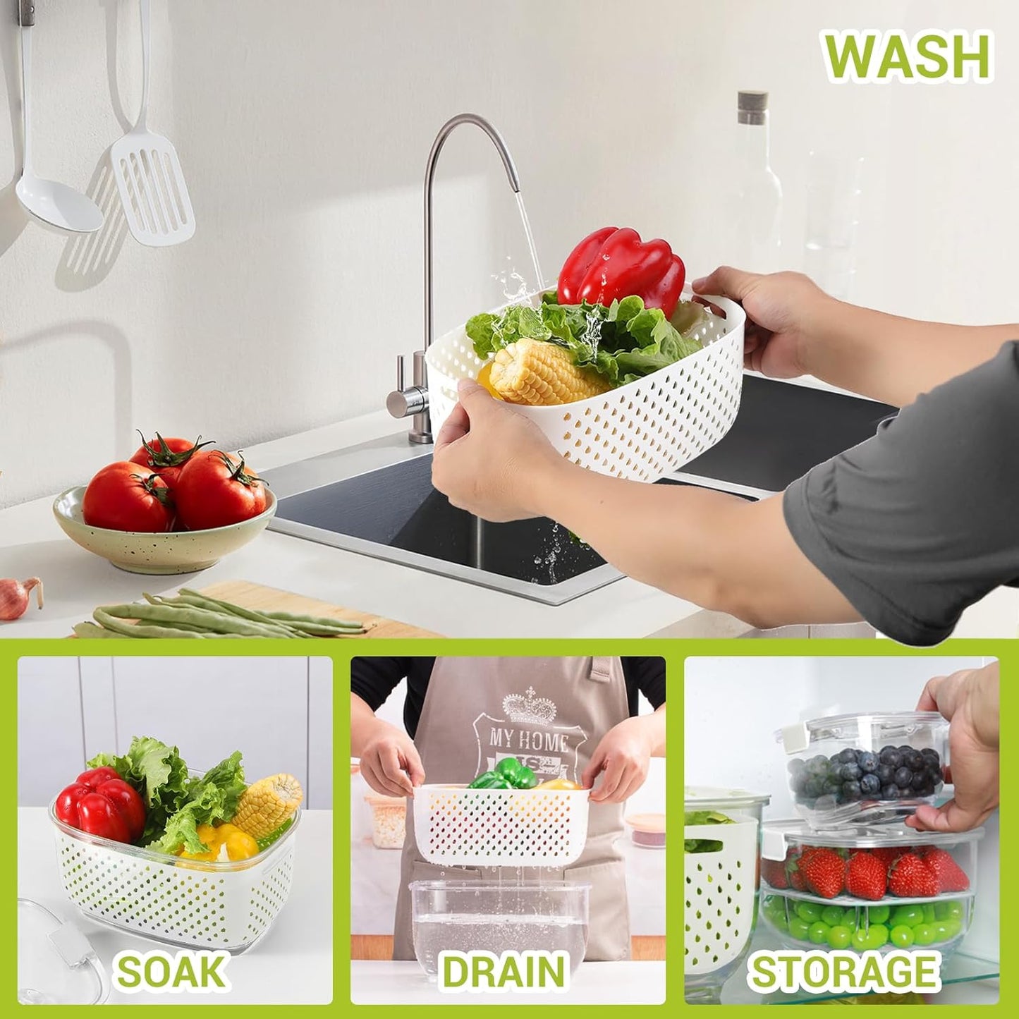 Fresh Produce Vegetable Fruit Storage Containers 3Piece Set, BPA-free, Partitioned Salad Container