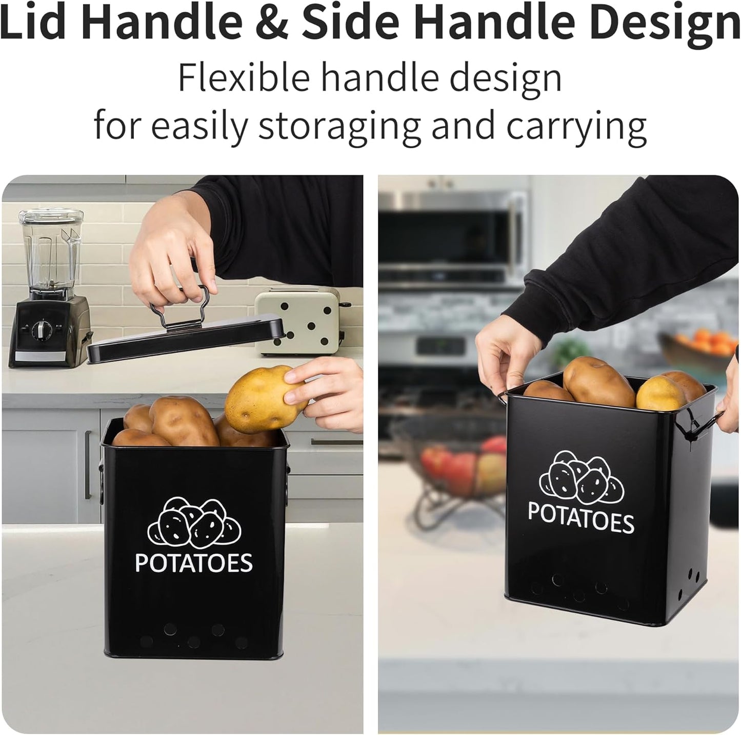 Potato and Onion Storage Bin, Set of 2 Vegetable Storage Tins with Metal Lids & Side Handles