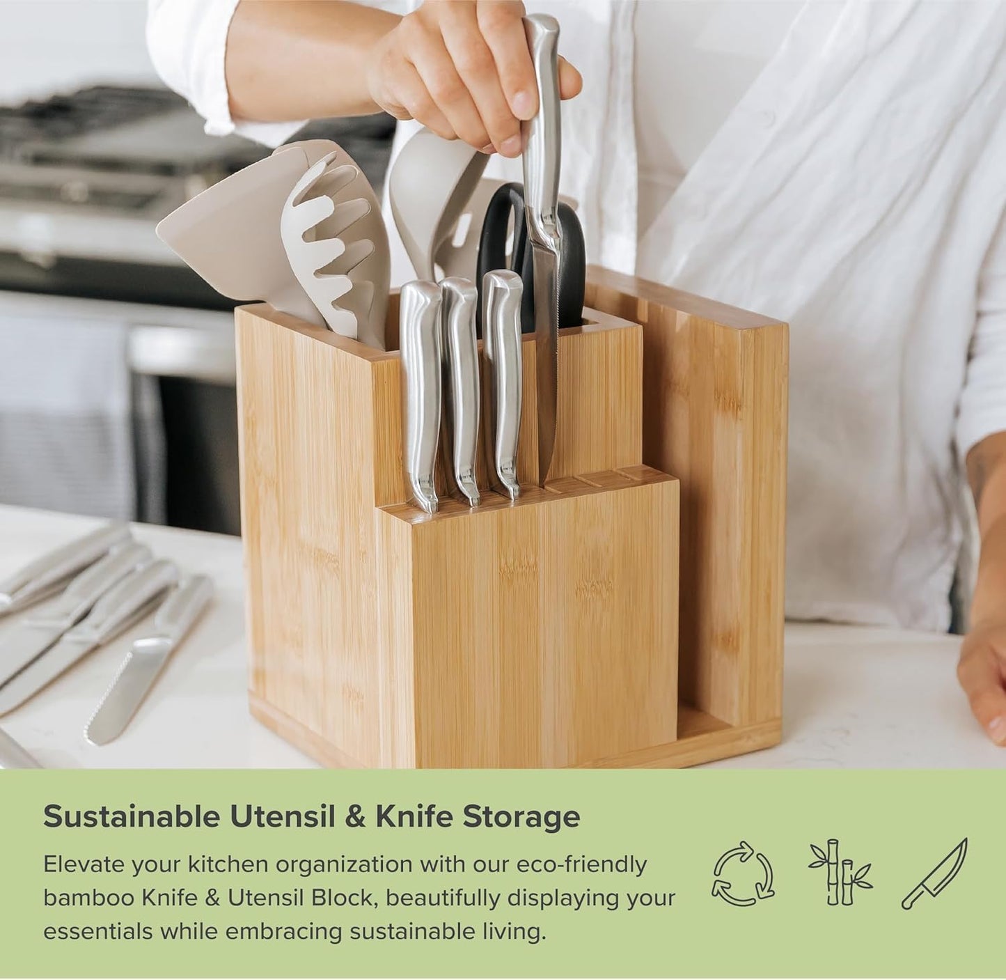 Bamboo Magnetic Knife Block and Cooking Utensil Holder, Sleek Storage for Chefs Knives
