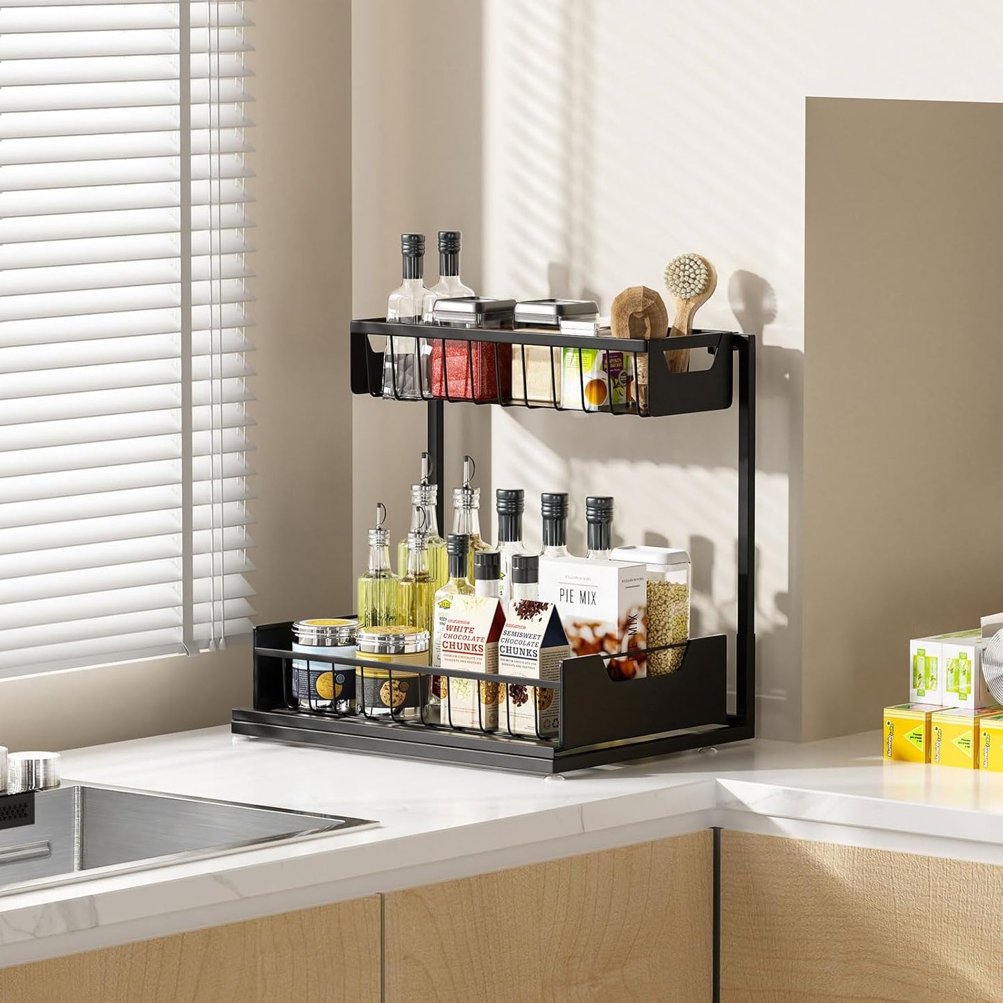 Under Kitchen Sink Organizers and Storage Pull Out 2 Tier Metal Bathroom Cabinet Organizer (Black