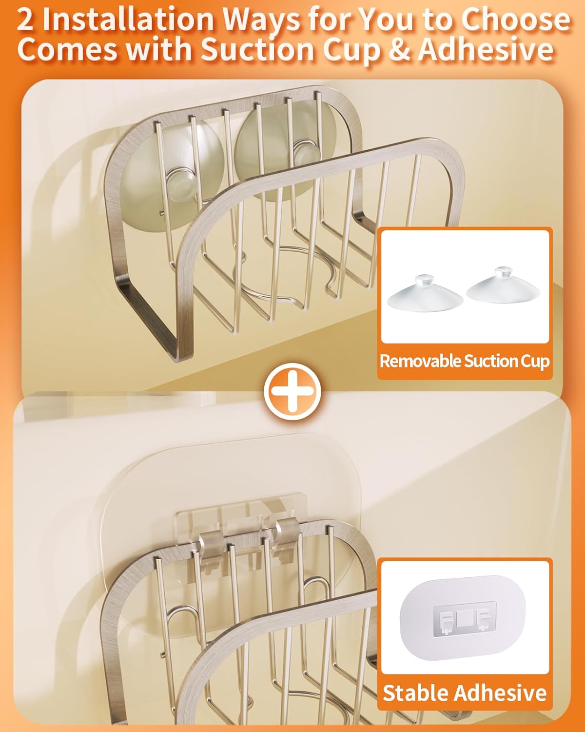 Sponge Holder for Kitchen Sink, Movable Sink Sponge Holder with Suction Cups Stainless Steel Sink Caddy Suction Cup for Sponge & Brush, Silver